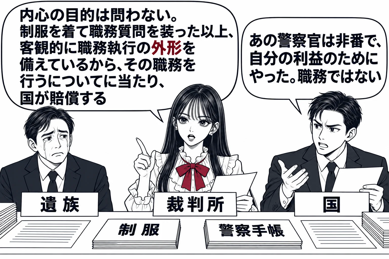 裁判所の法廷の場面。先生が裁判官役（札「裁判所」）で中央に座り、左に被害者の遺族の男性（札「遺族」）、右に国の代理人の男性（札「国」）。国の代理人の吹き出し「あの警察官は非番で、自分の利益のためにやった。職務ではない」。先生の吹き出し「内心