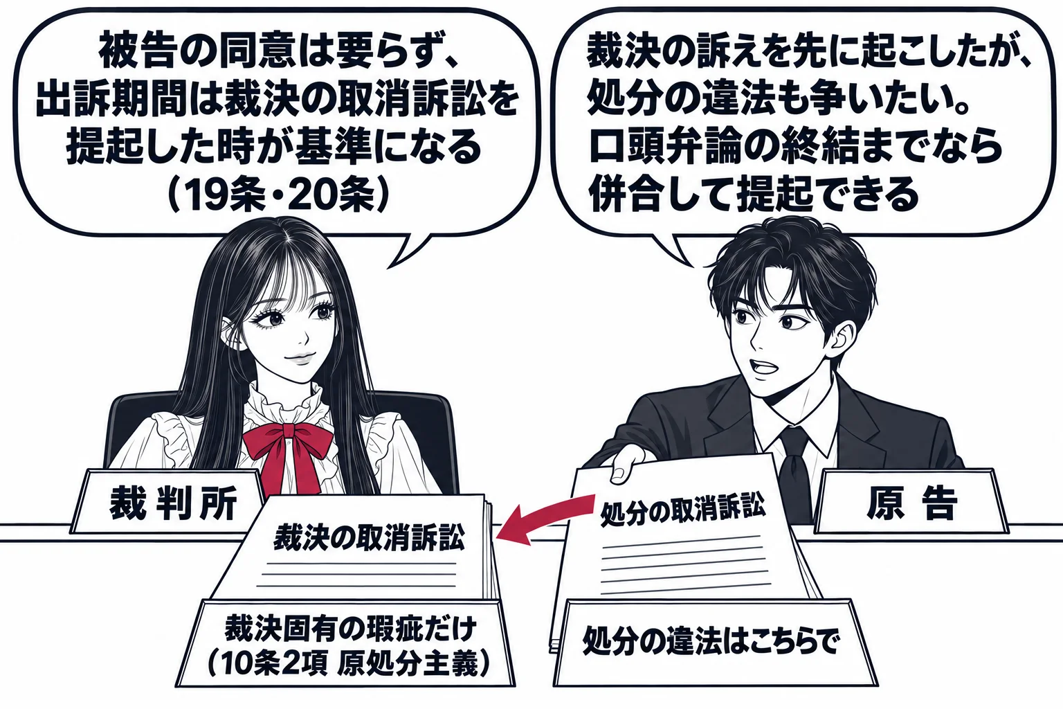 法廷の場面。先生が裁判官役（札「裁判所」）で法壇に座り、机の上に二つの書類。左の書類「裁決の取消訴訟」には札「裁決固有の瑕疵だけ（10条2項 原処分主義）」、右の書類「処分の取消訴訟」には札「処分の違法はこちらで」。原告の男性（札「原告」）