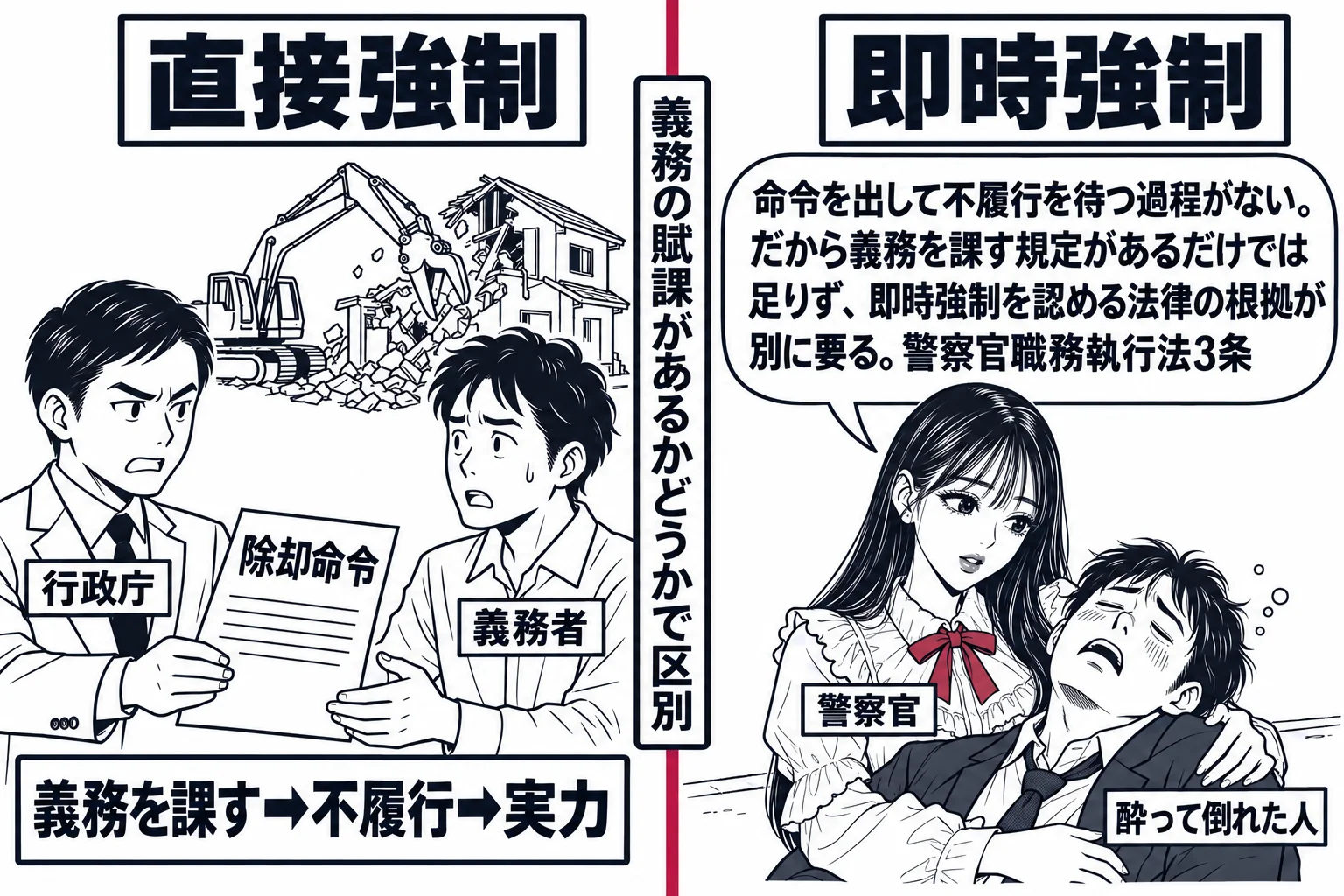 左右対比。左は「直接強制」の看板の下、役所の男性（札「行政庁」）が「除却命令」と書いた紙を家の持ち主の男性（札「義務者」）に渡し、その後ろに小さく重機で家を壊す絵、矢印に札「義務を課す→不履行→実力」。右は「即時強制」の看板の下、先生が警察