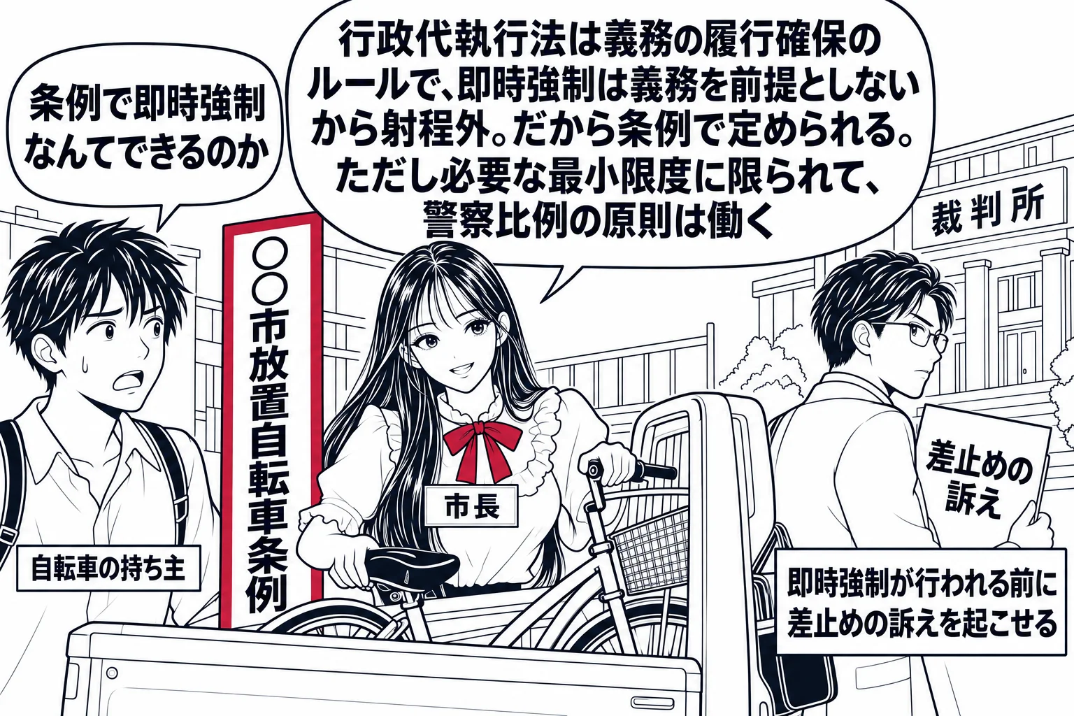駅前の歩道。先生が市長役（札「市長」）で、「○○市放置自転車条例」と書かれた立看板の横で放置自転車を軽トラックに積んでいる。自転車の持ち主の男性（札「自転車の持ち主」）が吹き出し「条例で即時強制なんてできるのか」。先生の吹き出し「行政代執行