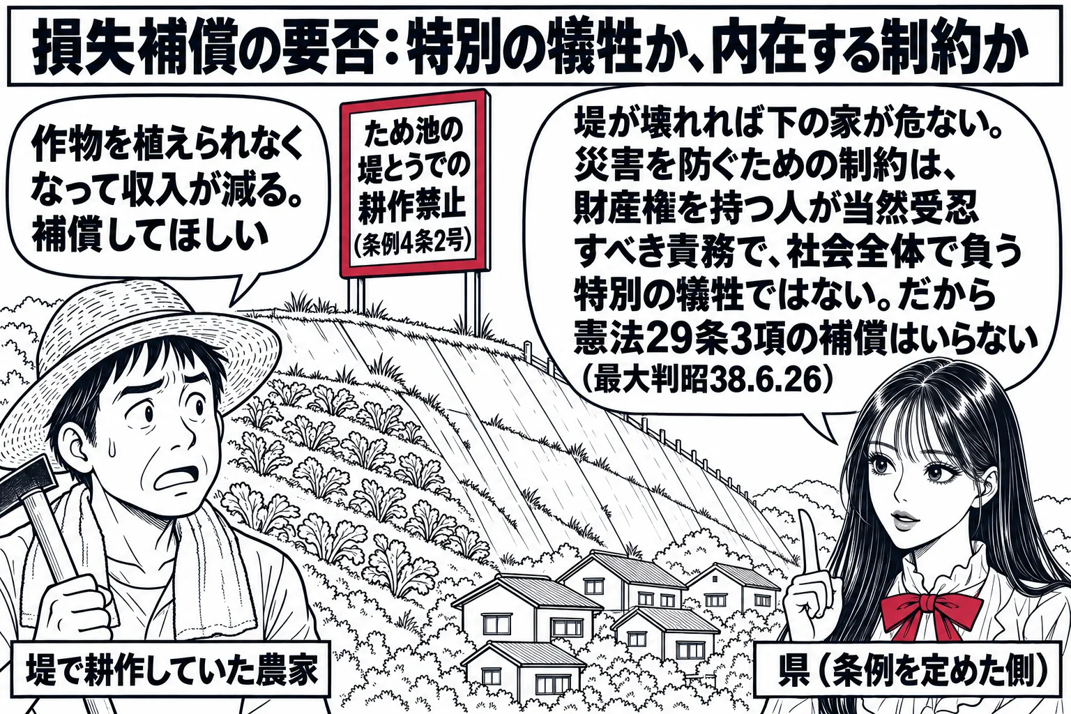 ため池の堤の場面。先生が知事役（札「県（条例を定めた側）」）で、堤の上に「ため池の堤とうでの耕作禁止（条例4条2号）」と書かれた立て看板を立てている。堤の斜面に作物が植えられ、農家の男性（札「堤で耕作していた農家」）が鍬を持って、吹き出し「