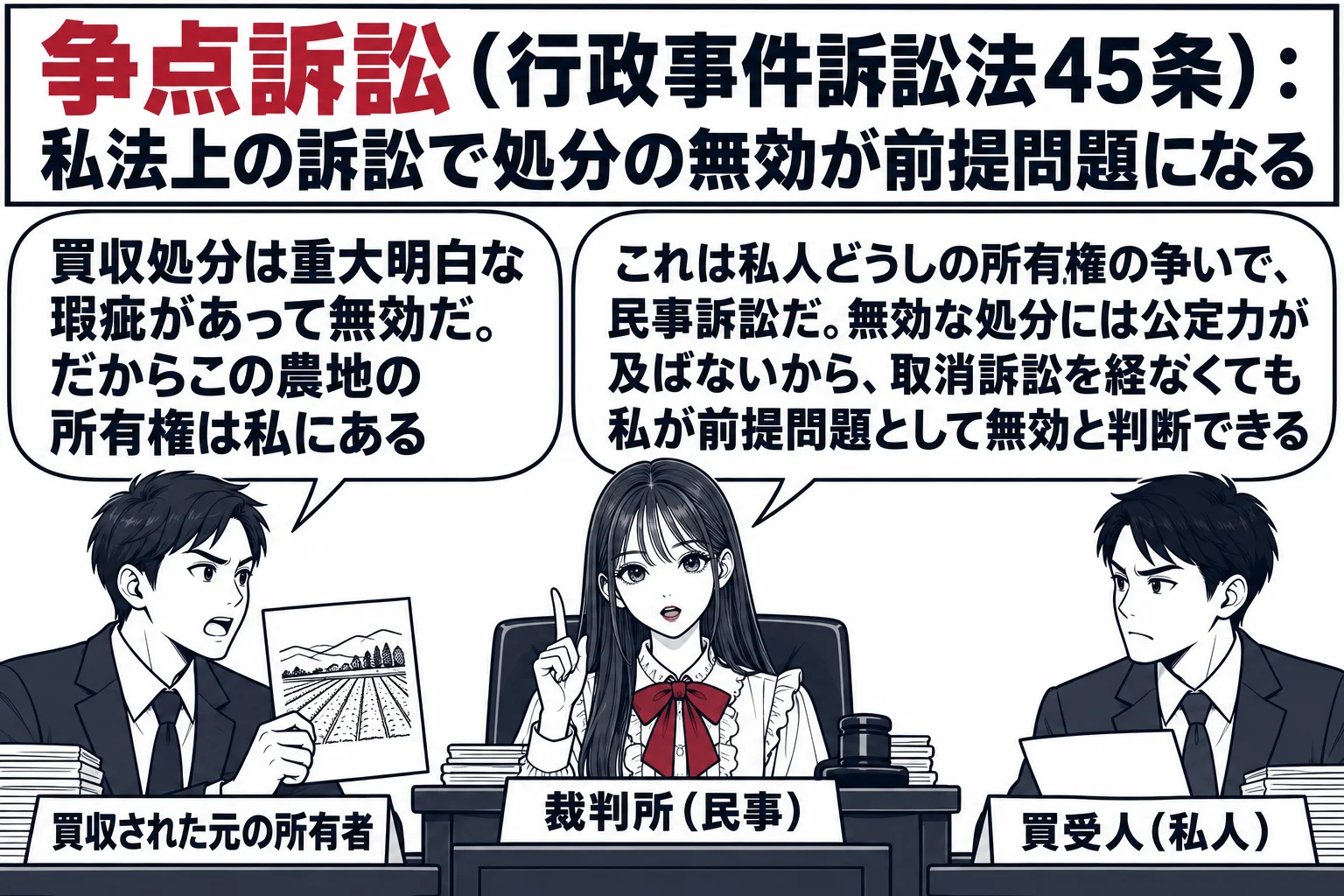 法廷の場面。先生が裁判官役（札「裁判所（民事）」）で法壇に着く。左に農地の絵を持つ男性（札「買収された元の所有者」）、右に別の男性（札「買受人（私人）」）が向かい合って座る。元の所有者の吹き出し「買収処分は重大明白な瑕疵があって無効だ。だか