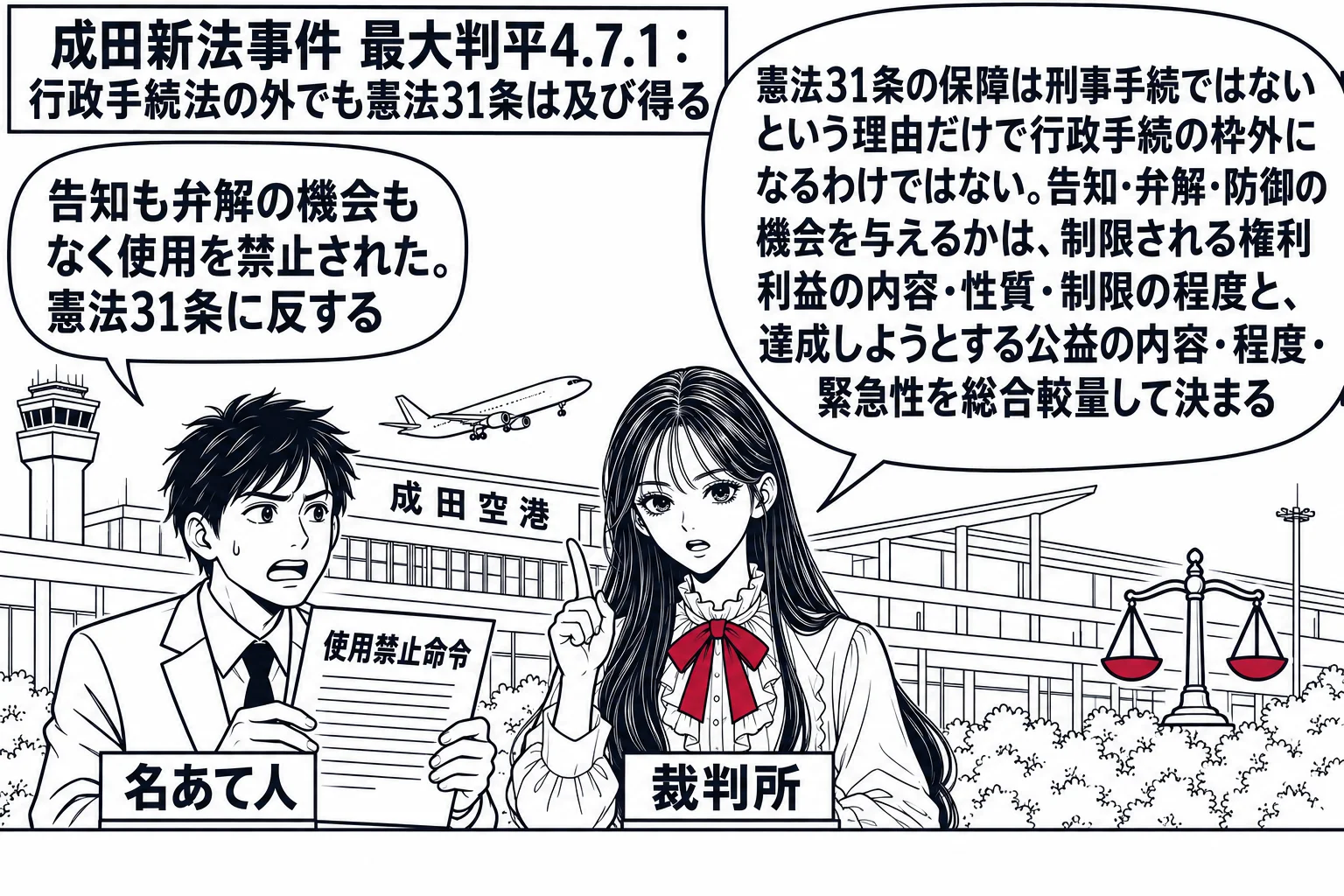 空港近くの建物の前。先生が裁判官役（札「裁判所」）で中央。左に建物の使用禁止命令の紙を持つ男性（札「名あて人」）が吹き出し「告知も弁解の機会もなく使用を禁止された。憲法31条に反する」。先生の吹き出し「憲法31条の保障は刑事手続ではないとい