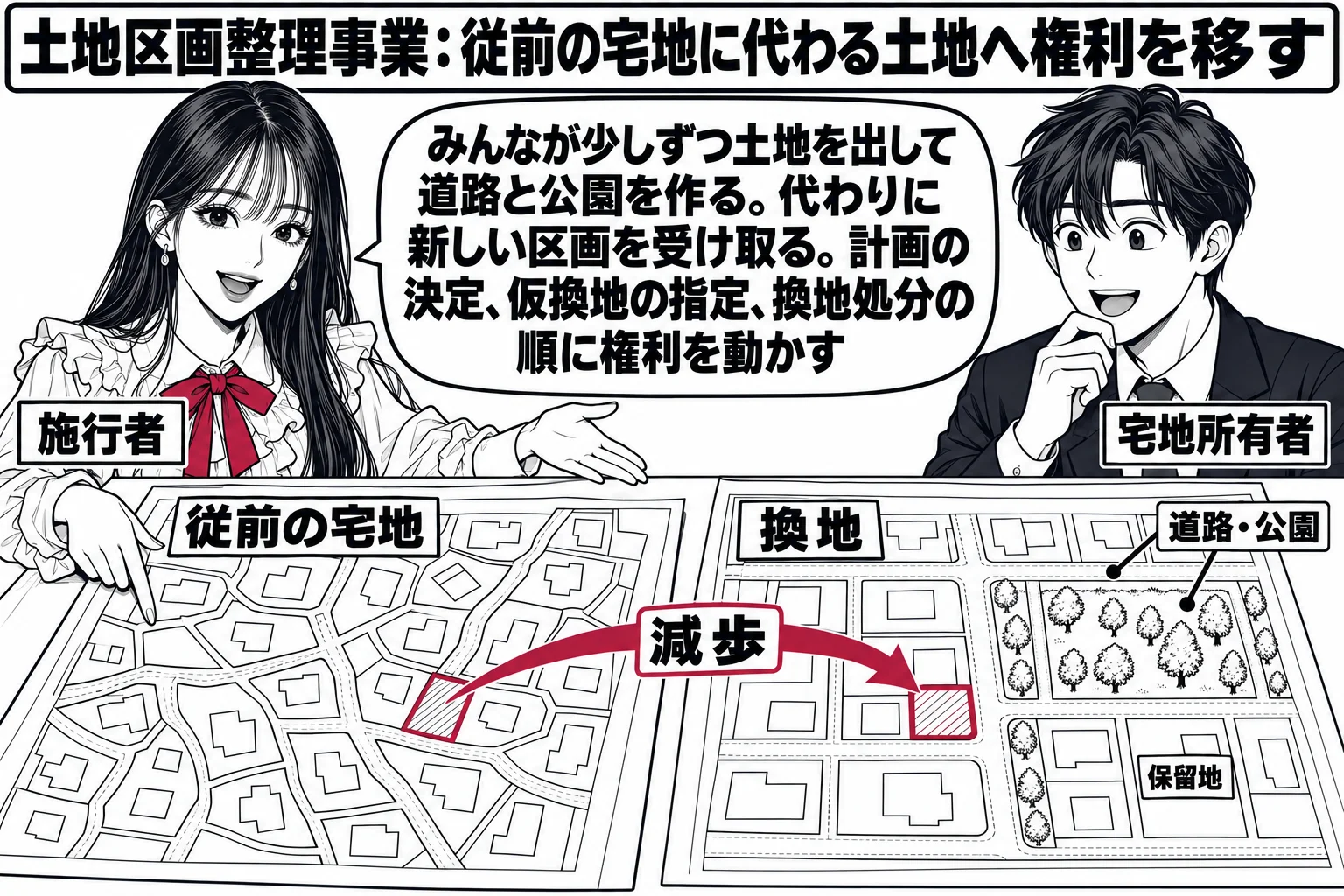 街の区画整理の場面。先生が施行者役（札「施行者」）が机に二枚の地図を広げる。左の地図は曲がった細い道と不揃いな宅地（札「従前の宅地」）、右の地図はまっすぐな道路と公園と整った区画（札「換地」）。左の地図の一区画から右の地図の一区画へ矢印、矢
