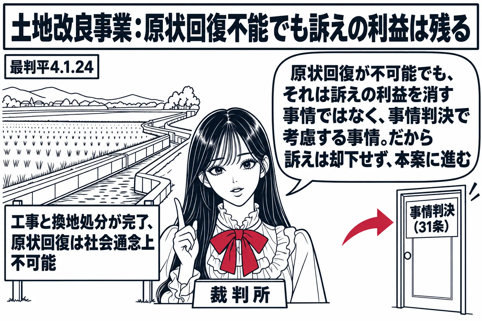 先生が裁判官役（札「裁判所」）。左に完成した土地改良事業の農地と水路（札「工事と換地処分が完了、原状回復は社会通念上不可能」）。先生の吹き出し「原状回復が不可能でも、それは訴えの利益を消す事情ではなく、事情判決で考慮する事情。だから訴えは却