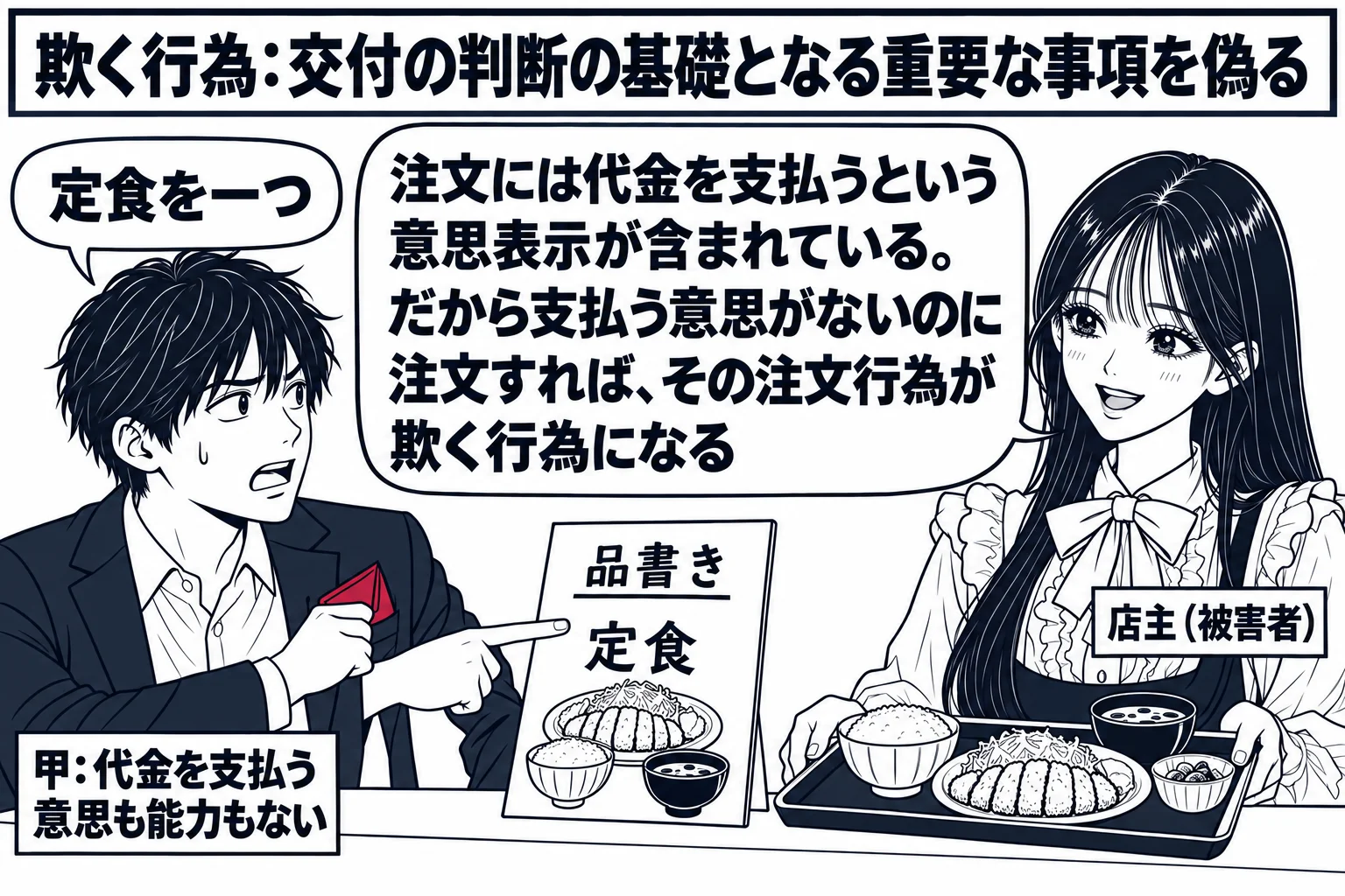 定食屋のカウンターの場面。先生が店主役（札「店主（被害者）」）で定食の盆を差し出そうとしている。カウンター席に空の財布をポケットに隠した男性客（札「甲：代金を支払う意思も能力もない」）が座り、品書きを指さして注文している。男性客の吹き出し「