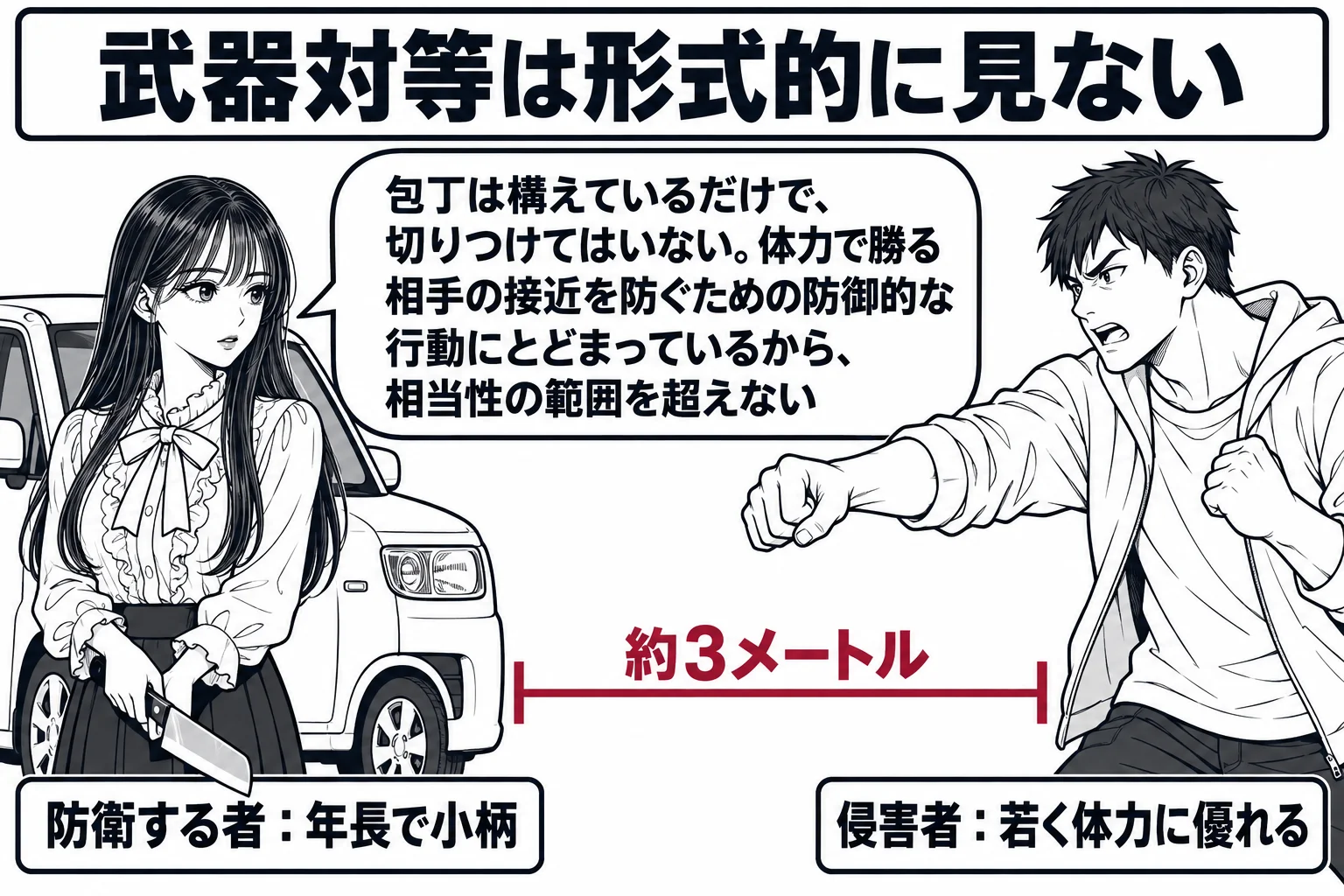 路上に停めた軽自動車の横の場面。先生が運転者役（札「防衛する者：年長で小柄」）で、車を背にして立ち、菜切包丁を腰のあたりに下向きに構えたまま動かずにいる。約3メートル離れた正面に、体格の大きい若い男性（札「侵害者：若く体力に優れる」）が拳を