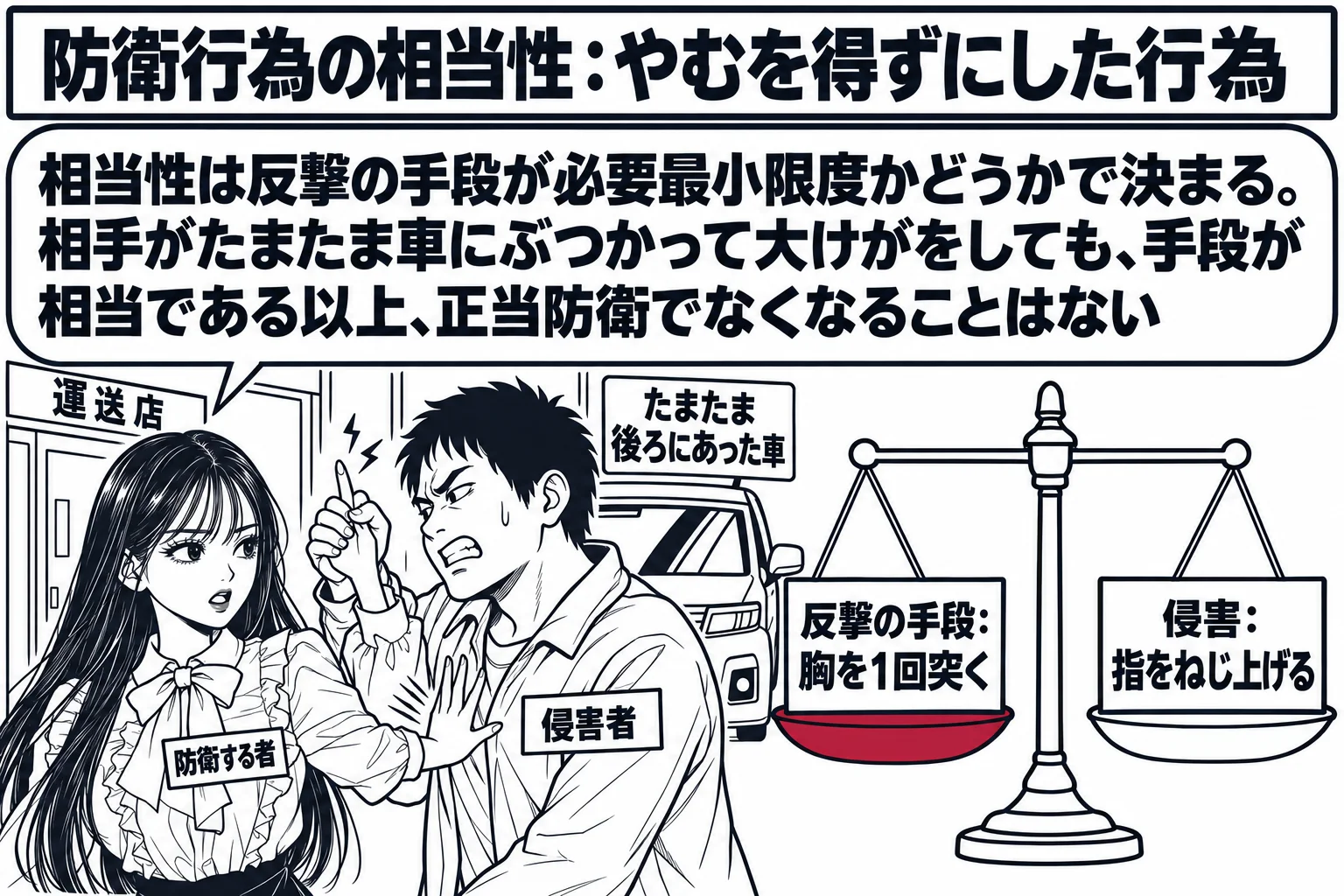 運送店の事務所の入口の場面。先生が店員役（札「防衛する者」）で、片手の指を相手につかまれ、もう片方の手で相手の胸を押し返している。相手の男性（札「侵害者」）は先生の指をつかんでねじ上げている。男性の後ろに停まった自動車があり、札「たまたま後