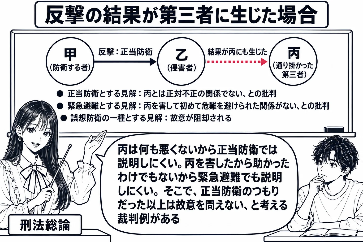 大学の教室の場面。先生が教師役（札「刑法総論」）で黒板の前に立つ。黒板に図解があり、左に「甲（防衛する者）」、中央に「乙（侵害者）」、右に「丙（通り掛かった第三者）」の三つの丸が横に並ぶ。甲から乙へ矢印「反撃：正当防衛」、その矢印が乙を越え
