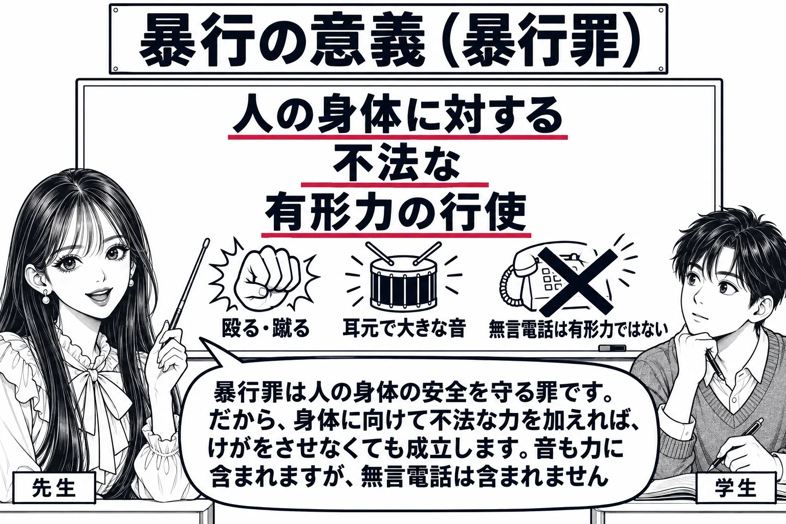 教室の場面。先生が教師役（札「先生」）で黒板の前に立つ。黒板の中央に大きな文字で「人の身体に対する／不法な／有形力の行使」と三行に分けて書かれ、その下に小さな絵が三つ並ぶ。握りこぶしの絵に札「殴る・蹴る」、太鼓の絵に札「耳元で大きな音」、電