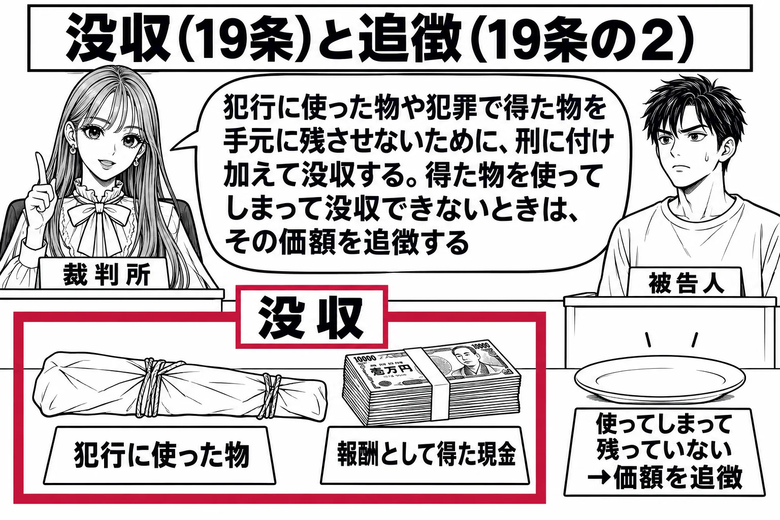 法廷の場面。先生が裁判官役（札「裁判所」）で法壇に座り、被告人席に男性（札「被告人」）が立つ。法壇の前の証拠品の台に、布で包まれた細長い品（札「犯行に使った物」）と札束（札「報酬として得た現金」）が置かれ、2つを深紅の枠が囲んで札「没収」。