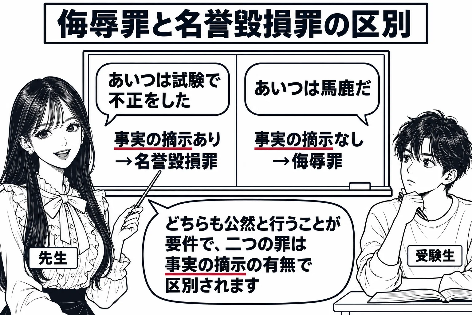 教室の場面。先生が教師役（札「先生」）で黒板の前に立ち、板書を指している。黒板は左右二つの欄に分かれ、左の欄に吹き出しの絵と「あいつは試験で不正をした」の文字、その下に「事実の摘示あり→名誉毀損罪」、右の欄に吹き出しの絵と「あいつは馬鹿だ」