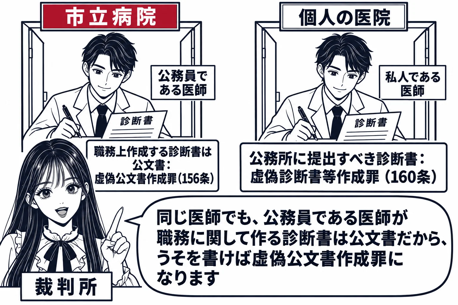 病院の診察室が左右二つ並ぶ場面。左の診察室の入口に「市立病院」の看板、中に白衣の男性（札「公務員である医師」）が机で診断書を書いていて、札「職務上作成する診断書は公文書：虚偽公文書作成罪（156条）」。右の診察室の入口に「個人の医院」の看板