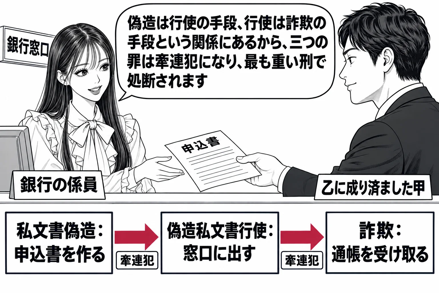 銀行の窓口の場面。先生が銀行員役（札「銀行の係員」）で窓口の内側に座る。窓口の向かいに男性（札「乙に成り済ました甲」）が申込書を差し出している。場面の下に、三つの箱が矢印で左から右につながる帯が描かれ、箱の中は「私文書偽造：申込書を作る」「