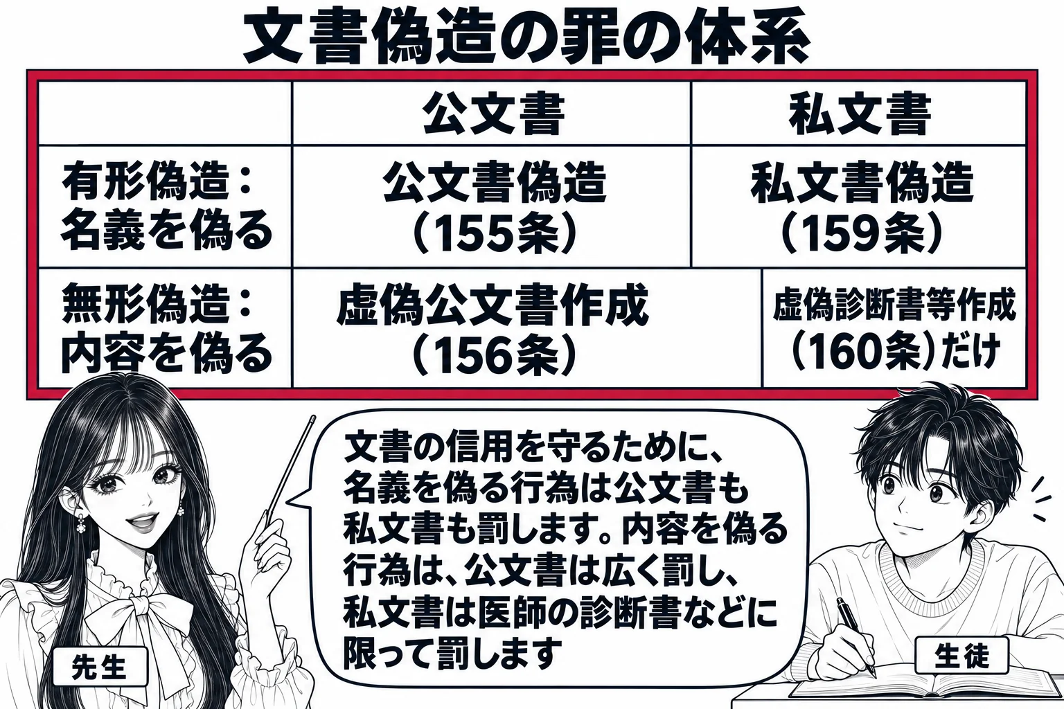 教室の場面。先生が教師役で黒板の前に立つ。黒板に縦横二列ずつの表が描かれている。横の見出しは「公文書」「私文書」、縦の見出しは「有形偽造：名義を偽る」「無形偽造：内容を偽る」。四つの升目に「公文書偽造（155条）」「私文書偽造（159条）」