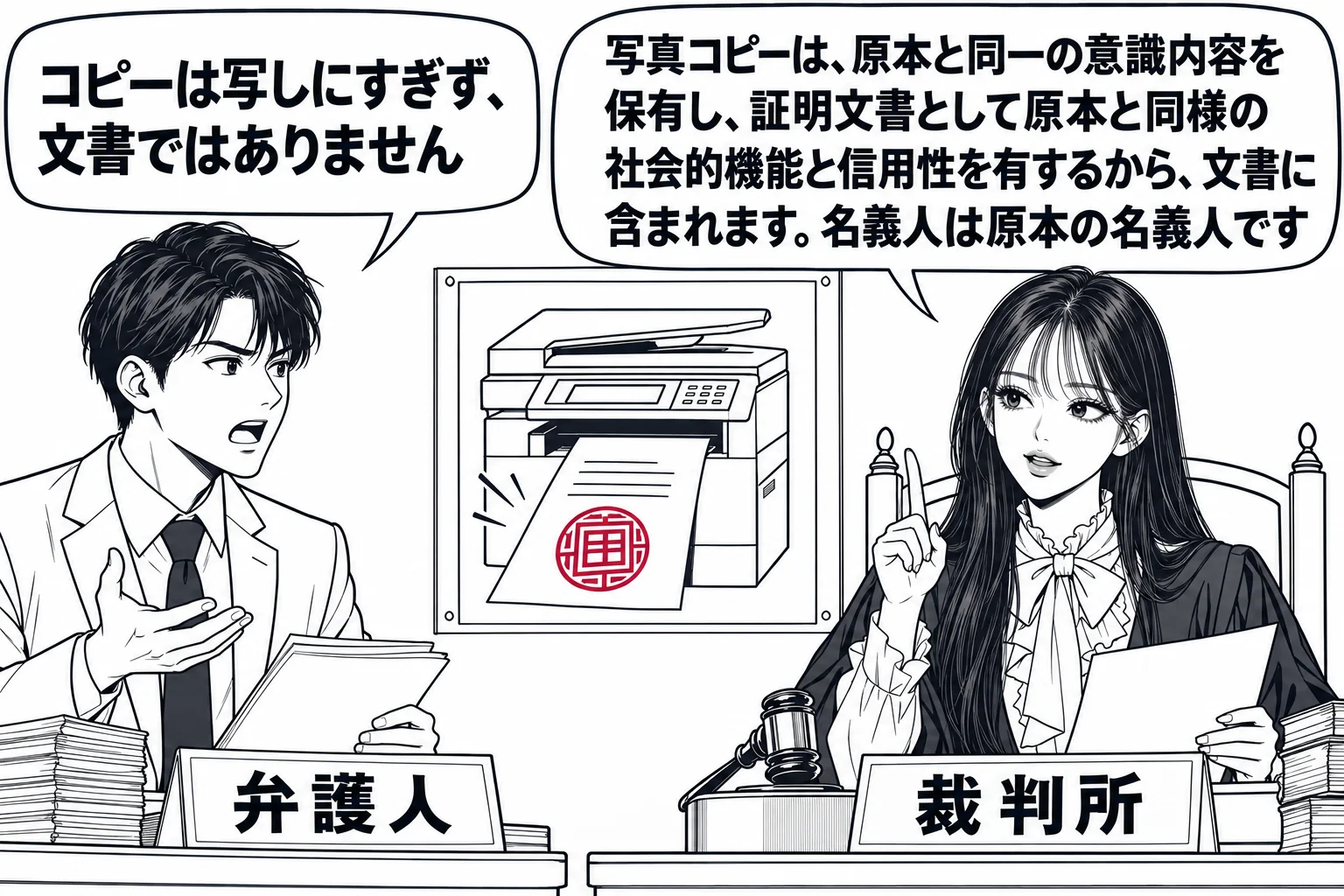 法廷の場面。先生が裁判官役（札「裁判所」）で法壇に座る。弁護人席に男性（札「弁護人」）が立つ。壁の掲示に、コピー機から出てくる紙の絵と、紙に写った公印の絵。弁護人の吹き出し「コピーは写しにすぎず、文書ではありません」。先生の吹き出し「写真コ