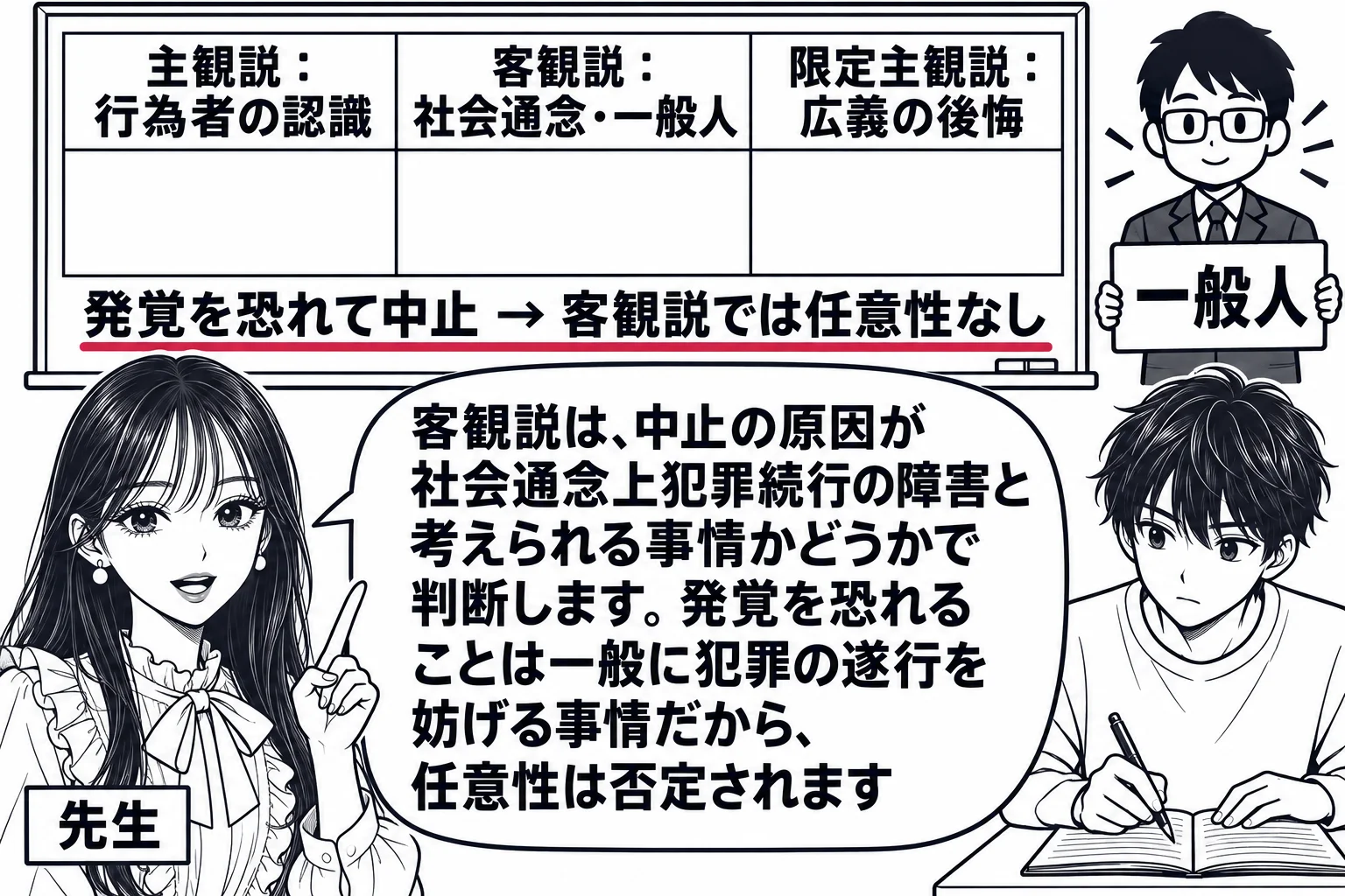 教室の場面。先生が教師役（札「先生」）で黒板の前に立つ。黒板には三列の表が書かれ、列の見出しは左から「主観説：行為者の認識」「客観説：社会通念・一般人」「限定主観説：広義の後悔」。表の下に一行「発覚を恐れて中止 → 客観説では任意性なし」。