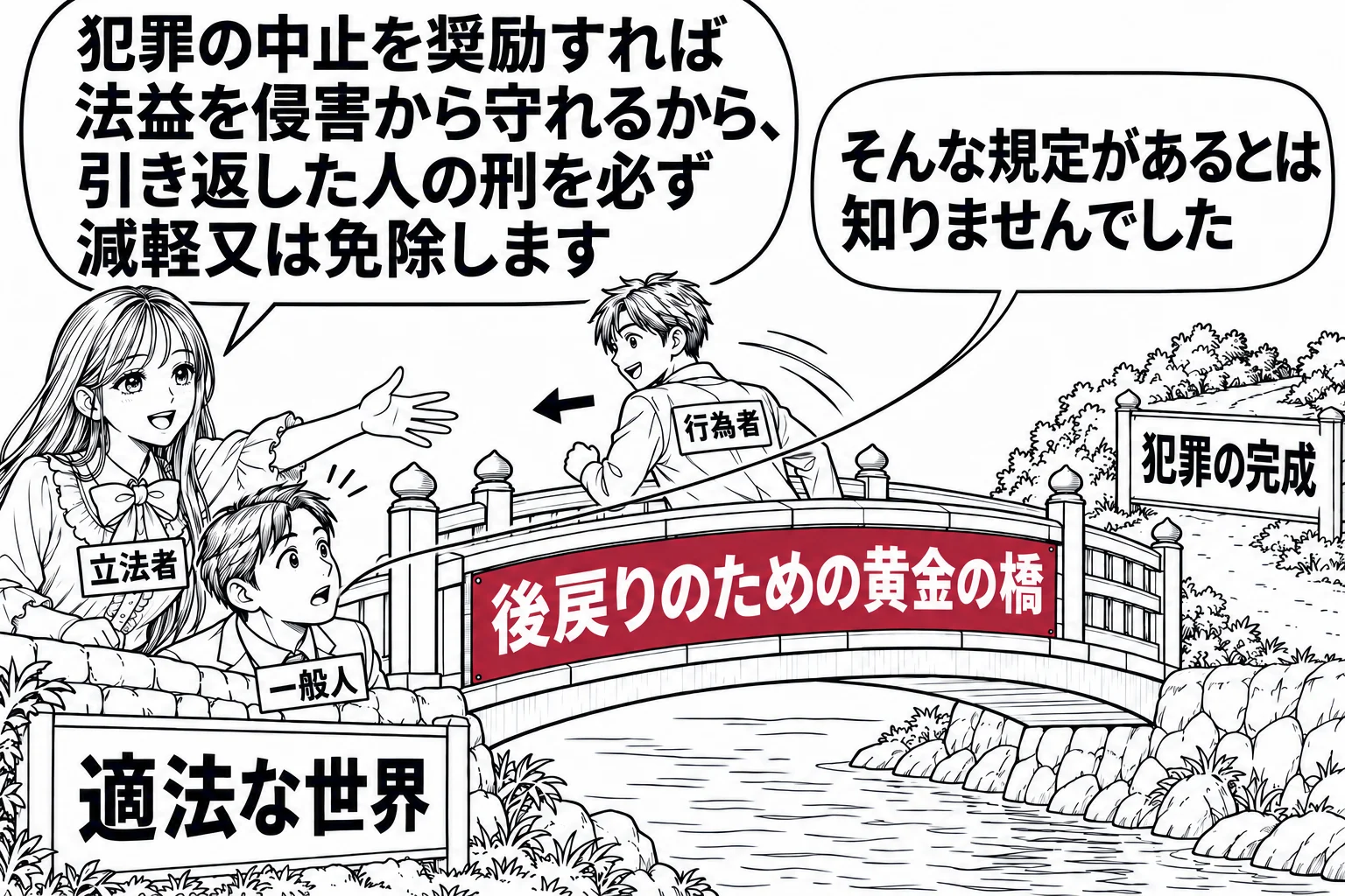 川に架かる橋の場面。川の向こう岸に「犯罪の完成」の札、手前の岸に「適法な世界」の札。橋の中央で男性（札「行為者」）が向こう岸に背を向け、手前の岸へ引き返している。橋の欄干に札「後戻りのための黄金の橋」。手前の岸に先生が立法者役（札「立法者」