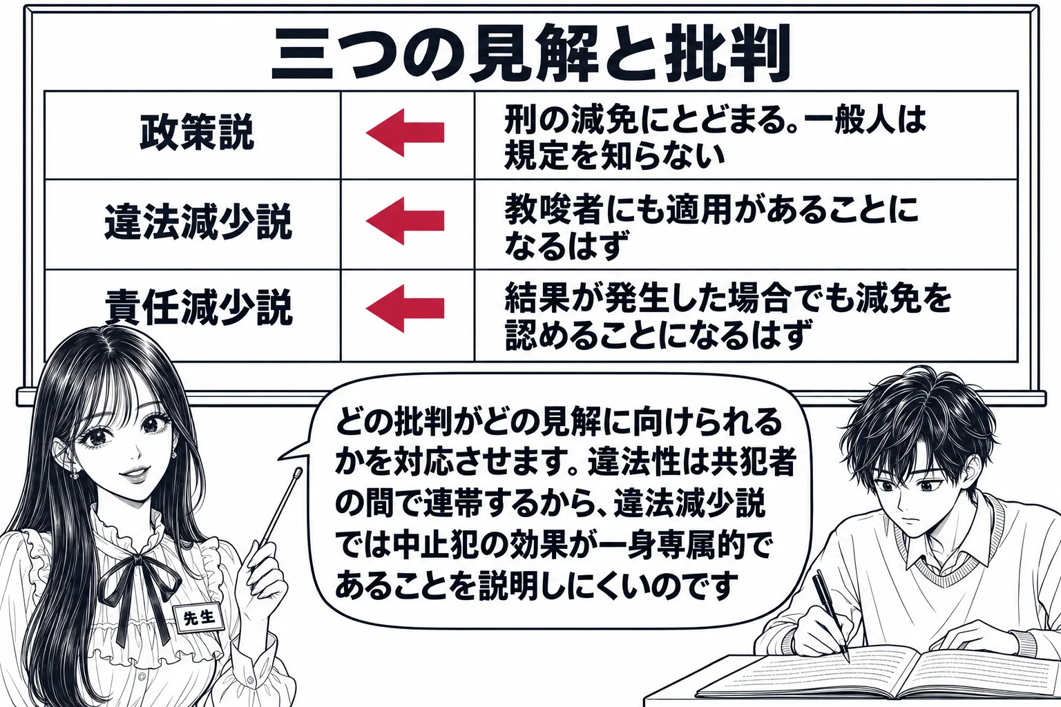 教室の場面。先生が教師役（札「先生」）で黒板の前に立つ。黒板には三段の表が書かれ、一段目「政策説 ← 刑の減免にとどまる。一般人は規定を知らない」、二段目「違法減少説 ← 教唆者にも適用があることになるはず」、三段目「責任減少説 ← 結果が