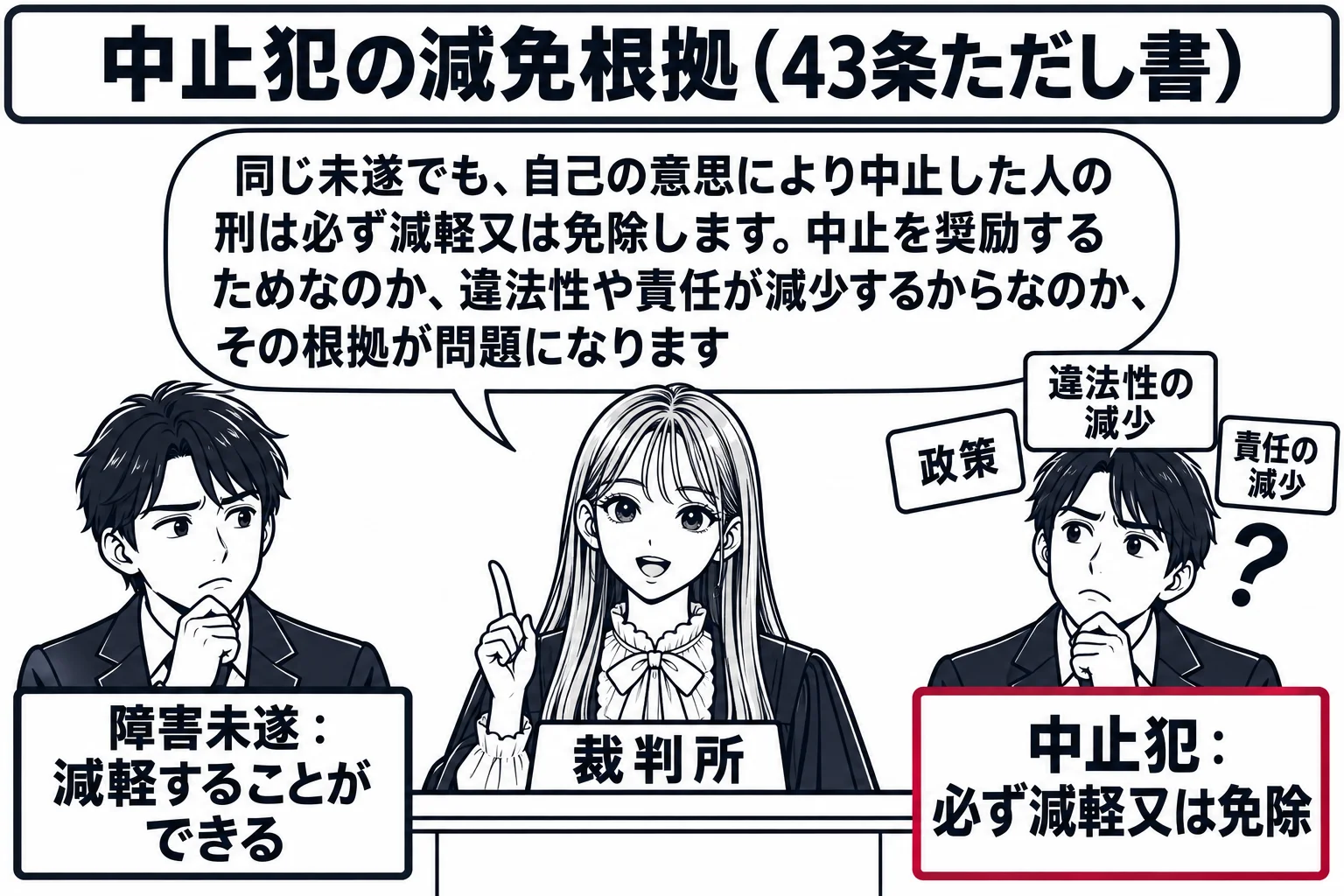 法廷の場面。先生が裁判官役（札「裁判所」）で法壇に座り、法壇の前に二人の被告人の男性が並んで立つ。左の男性の札「障害未遂：減軽することができる」、右の男性の札「中止犯：必ず減軽又は免除」。右の男性の頭上に三つの小さな札「政策」「違法性の減少