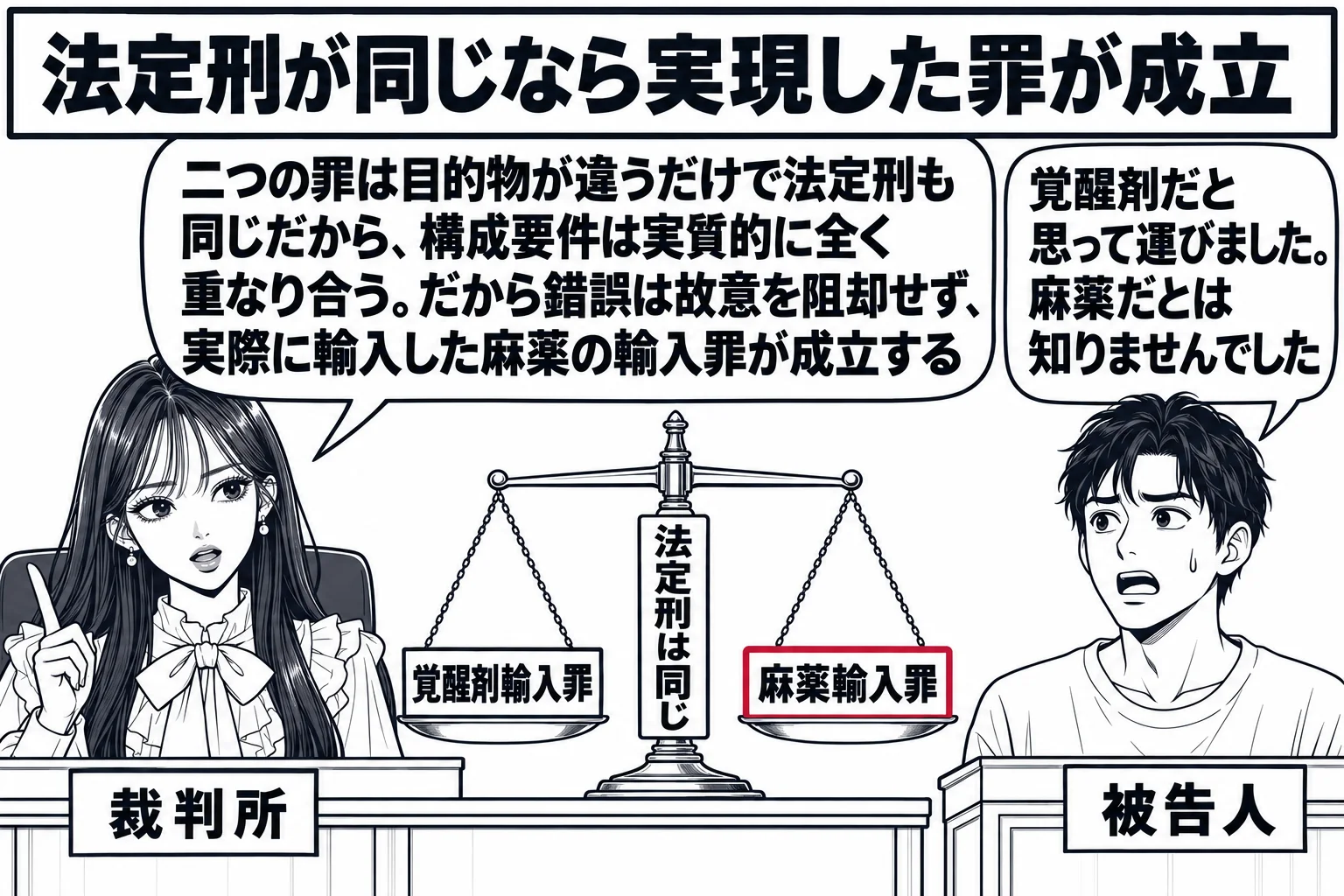 法廷の場面。先生が裁判官役（札「裁判所」）で法壇に座る。法壇の上に天秤が置かれ、左の皿に札「覚醒剤輸入罪」、右の皿に札「麻薬輸入罪」が載り、天秤は水平に釣り合っている。天秤の支柱に札「法定刑は同じ」。証言台に男性（札「被告人」）が立ち、吹き