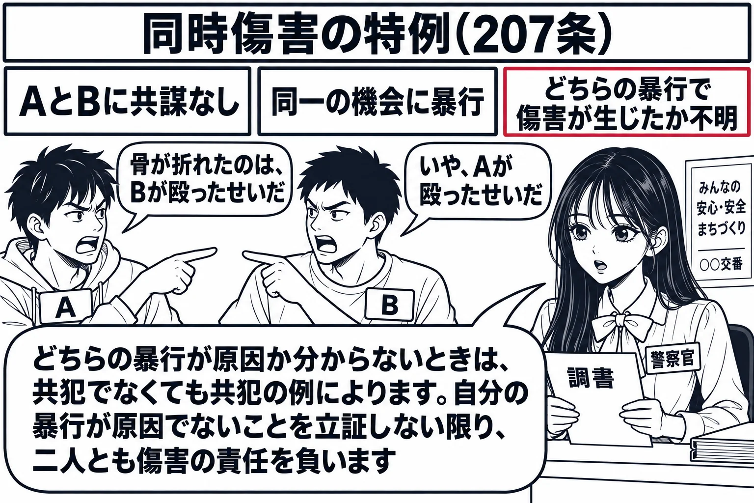 交番の中の場面。先生が警察官役（札「警察官」）で机の前に立ち、手に調書を持っている。机の向こうに男性が二人並んで立ち（札「A」「B」）、互いに相手を指さしている。Aの吹き出し「骨が折れたのは、Bが殴ったせいだ」、Bの吹き出し「いや、Aが殴っ