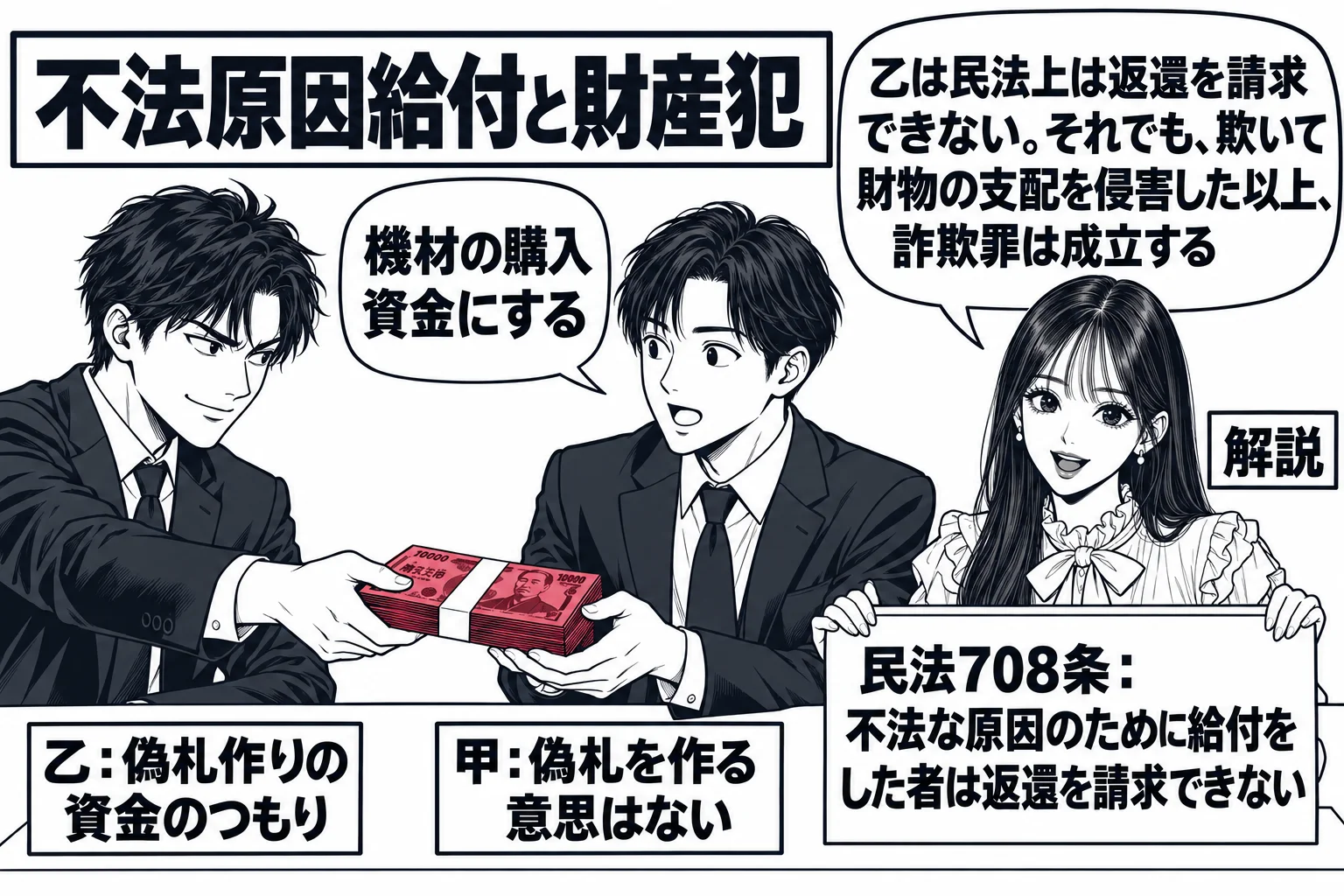 薄暗い事務所の机を挟んだ場面。男性（札「乙：偽札作りの資金のつもり」）が現金の束を差し出し、向かいの男性（札「甲：偽札を作る意思はない」）が受け取っている。甲の吹き出し「機材の購入資金にする」。机の横に先生が解説役（札「解説」）で立ち、手に