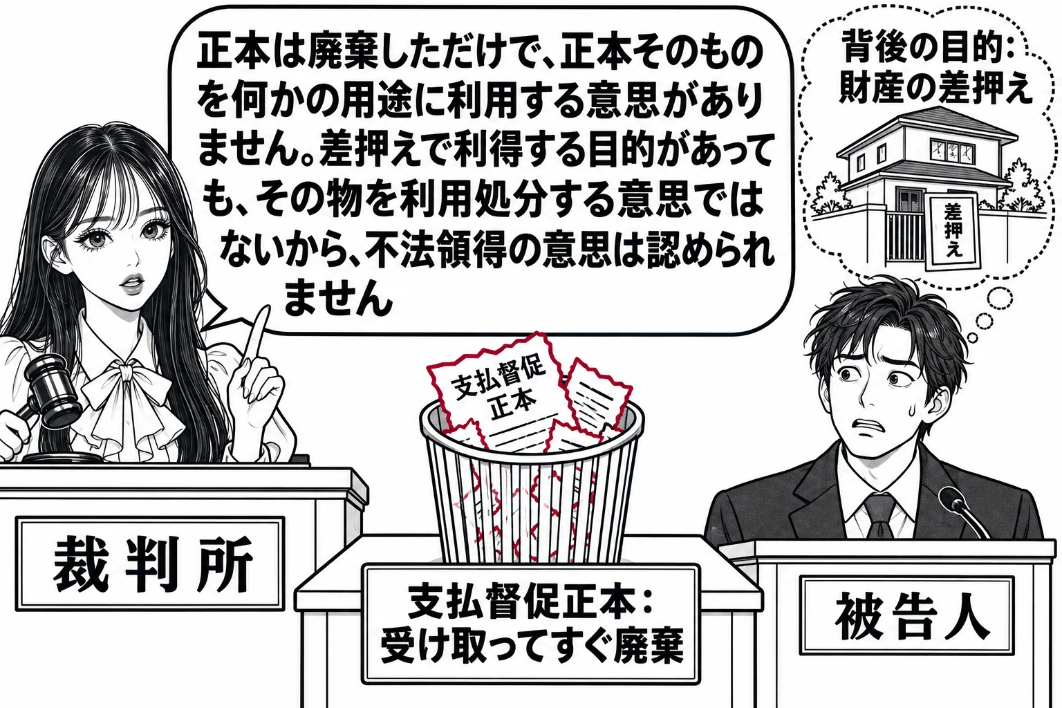 法廷の場面。先生が裁判官役（札「裁判所」）で法壇に座る。証言台に男性（札「被告人」）が立つ。法壇の前の証拠台に、破られてごみ箱に入れられた書類の絵があり、札「支払督促正本：受け取ってすぐ廃棄」。被告人の背後に点線の吹き出しで差押えの赤紙が貼