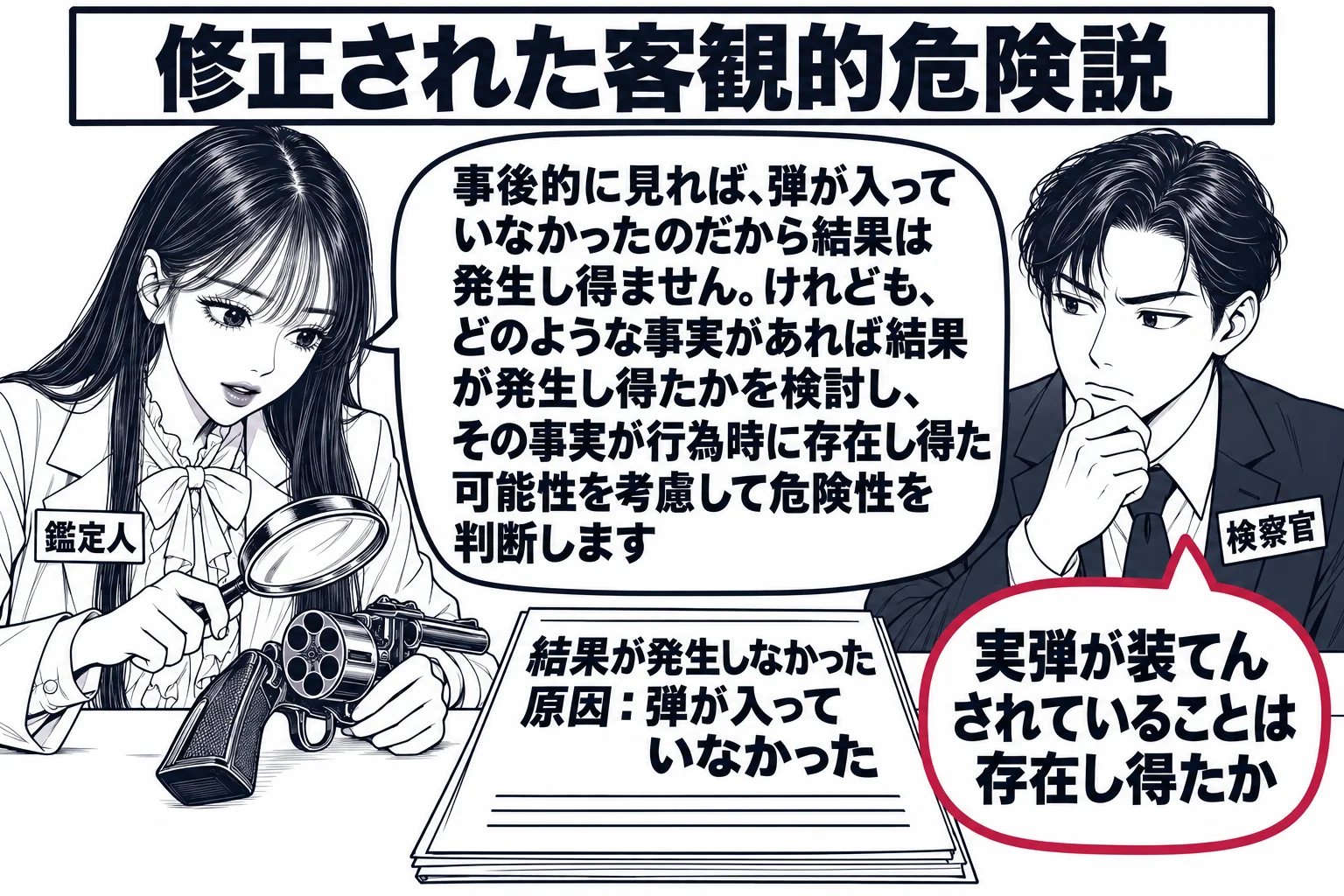 研究室の場面。先生が鑑定人役（札「鑑定人」）で白衣を着て机に向かい、虫眼鏡で空の拳銃を調べている。机の上に報告書があり、見出し「結果が発生しなかった原因：弾が入っていなかった」。報告書の横に吹き出し形の札「実弾が装てんされていることは存在し