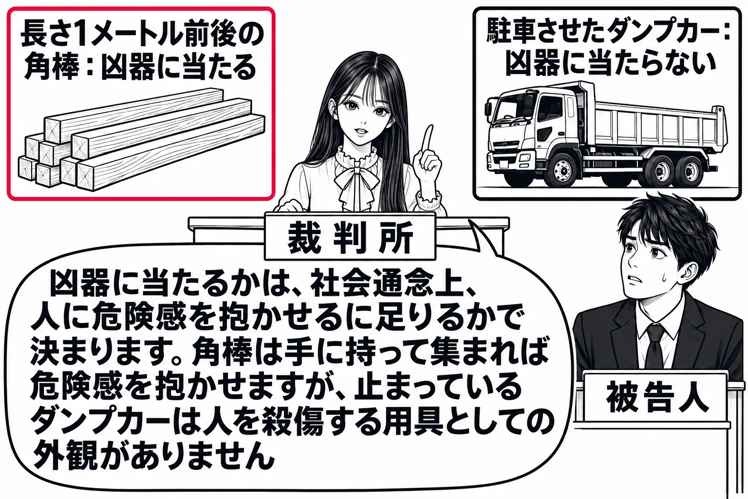 法廷の場面。先生が裁判官役（札「裁判所」）で法壇に座る。壁の掲示が左右に分かれ、左に角材の束の絵と札「長さ1メートル前後の角棒：凶器に当たる」、右にエンジンを切って路上に止まっているダンプカーの絵と札「駐車させたダンプカー：凶器に当たらない