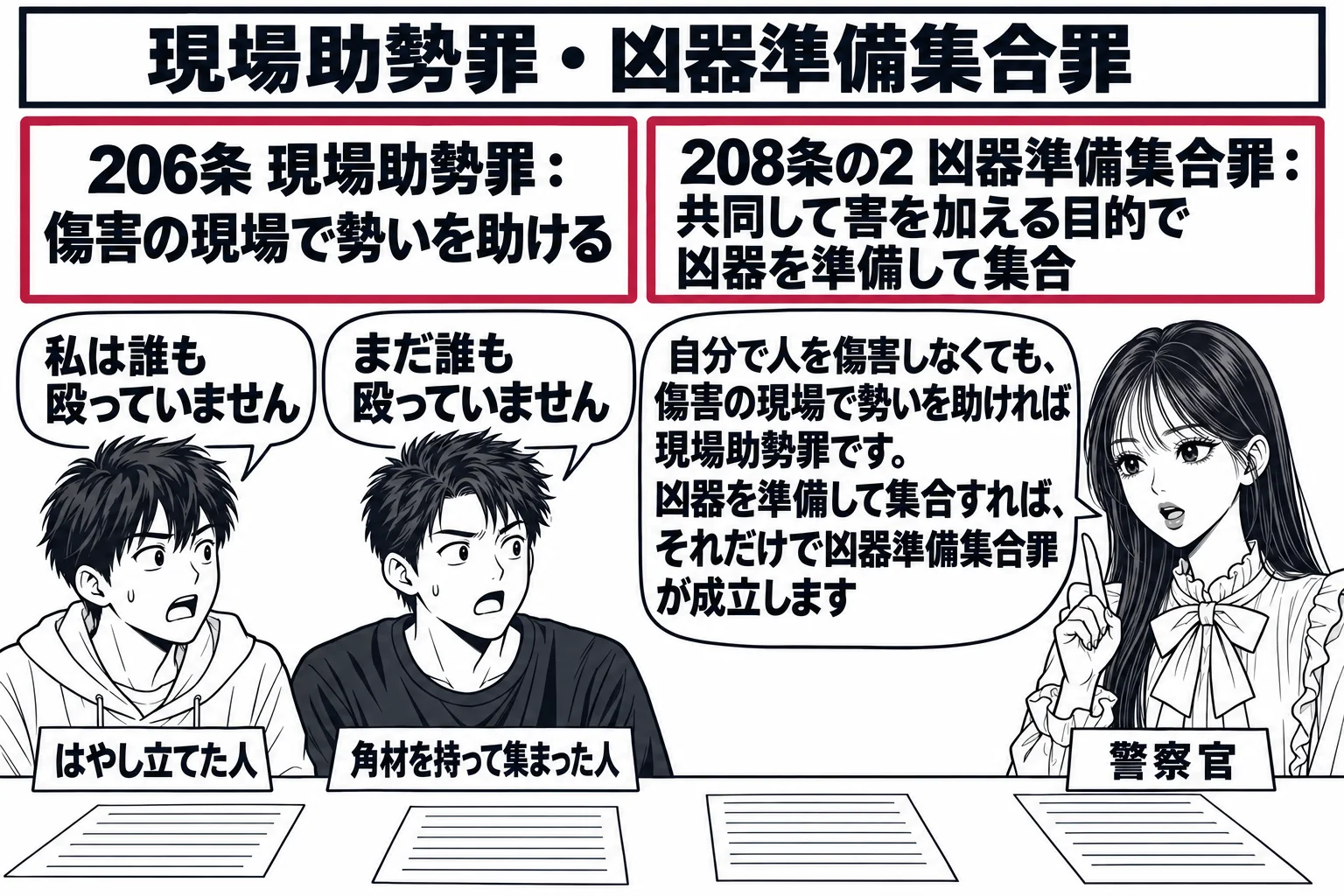 交番の中の場面。先生が警察官役（札「警察官」）で机の前に立ち、向かいに男性が二人並んで座る。左の男性に札「はやし立てた人」、右の男性に札「角材を持って集まった人」。左の男性の吹き出し「私は誰も殴っていません」、右の男性の吹き出し「まだ誰も殴