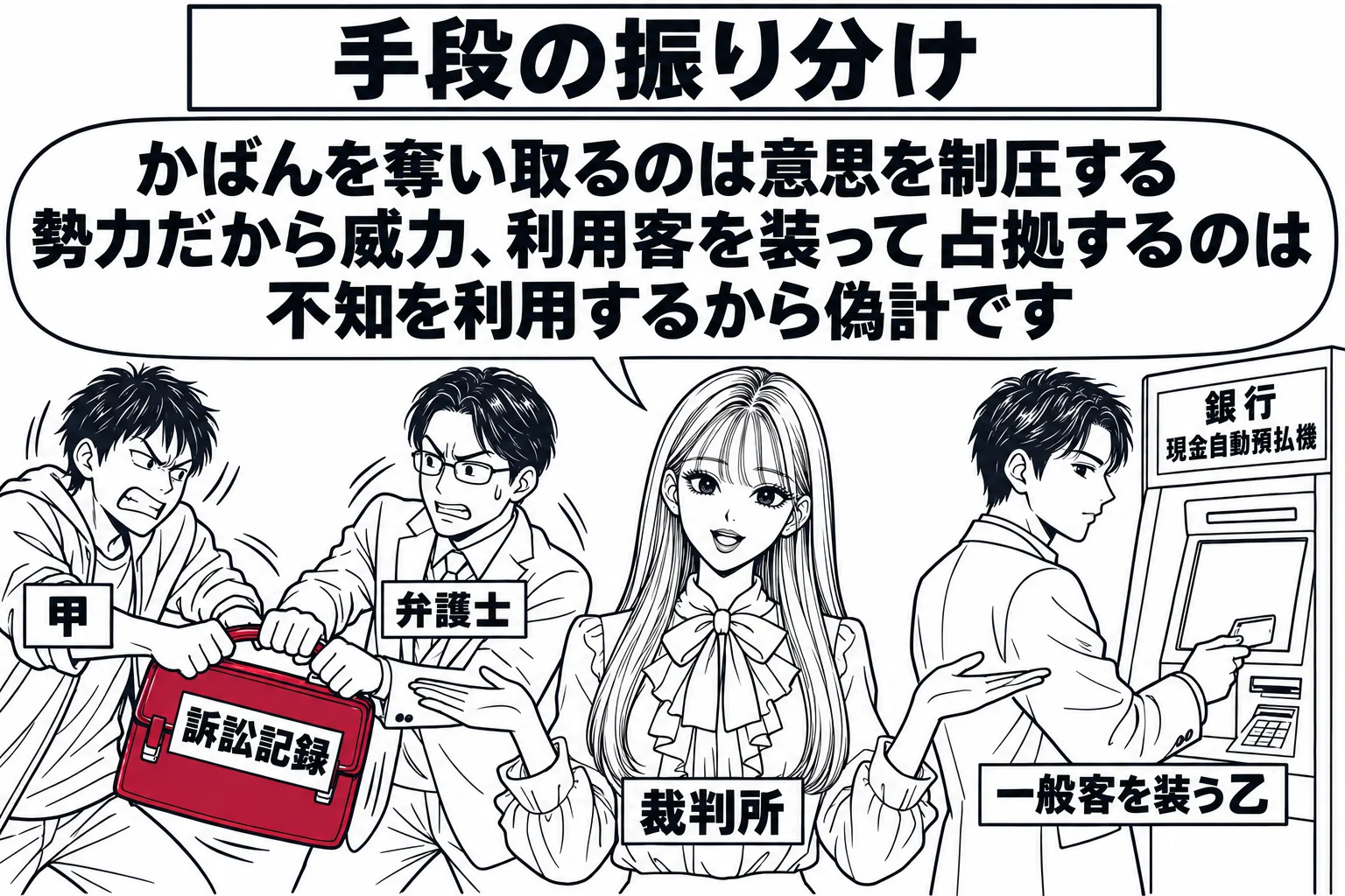 路上の場面。左側で、男性（札「甲」）が背広姿の男性（札「弁護士」）の手からかばんを引っ張っている。かばんには札「訴訟記録」が付いている。右側の少し離れた所に、銀行の現金自動預払機の前でカードを持ったまま立ち続ける別の男性（札「一般客を装う乙