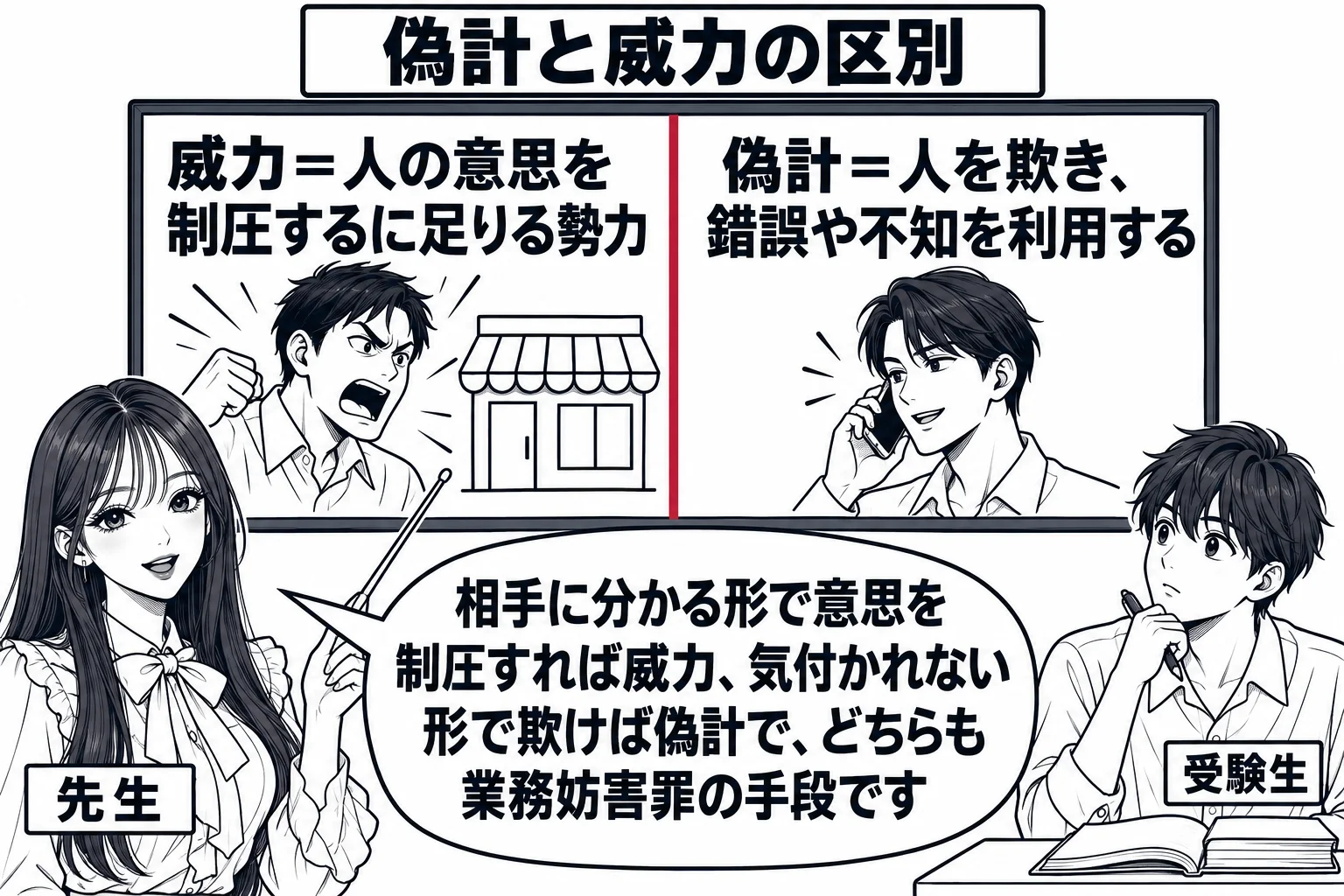 教室の場面。先生が教師役（札「先生」）で黒板の前に立ち、板書を指している。黒板は左右二つの欄に分かれ、左の欄に店の前で怒鳴る男性の絵と「威力＝人の意思を制圧するに足りる勢力」の文字、右の欄に電話をかける男性の絵と「偽計＝人を欺き、錯誤や不知