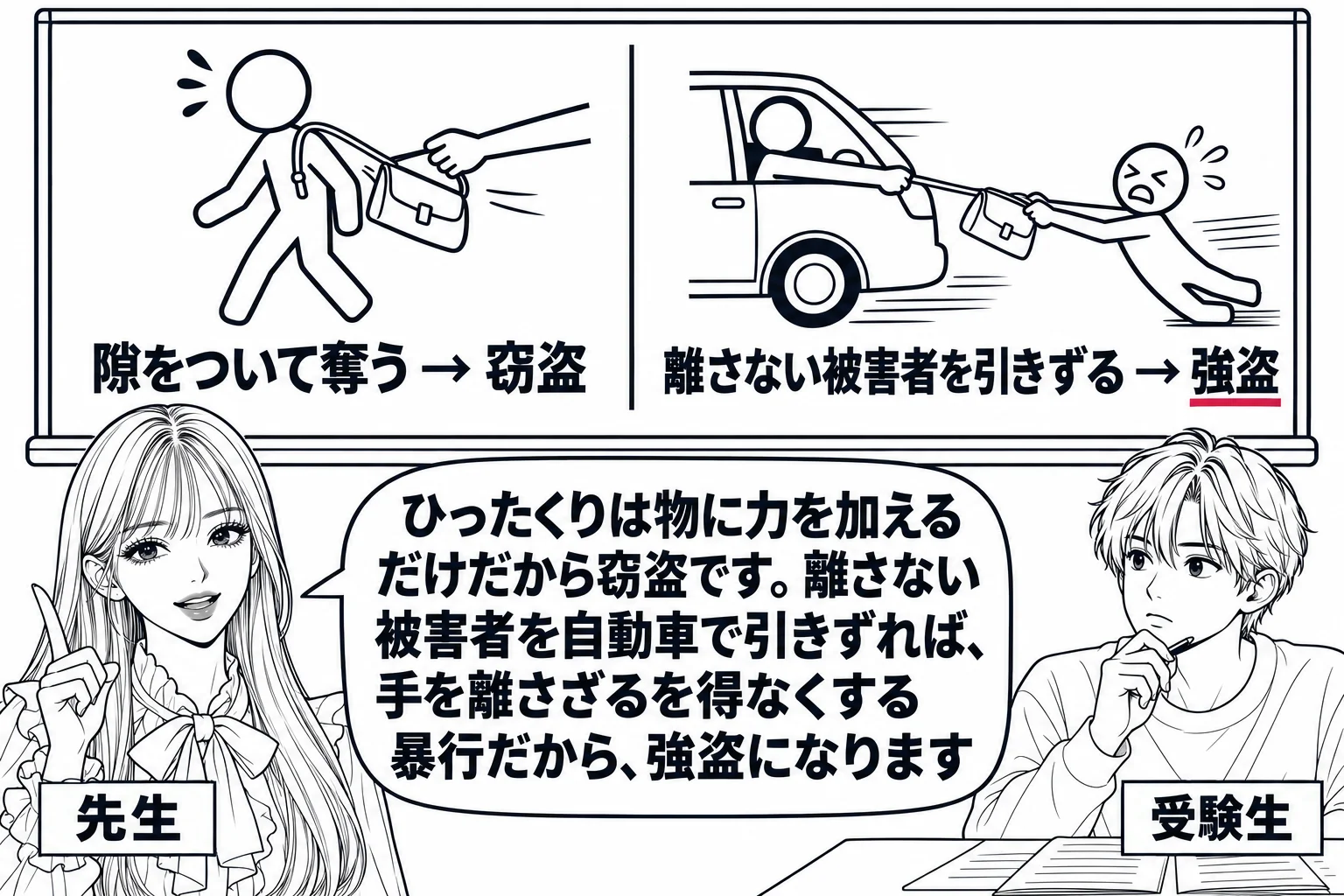 教室の場面。先生が教師役（札「先生」）で黒板の前に立つ。黒板に左右二つの図解が描かれている。左は、歩行者の肩からバッグだけがすっと抜き取られる略図で、下に「隙をついて奪う → 窃盗」。右は、自動車の窓から伸びた手がバッグのひもをつかみ、ひも