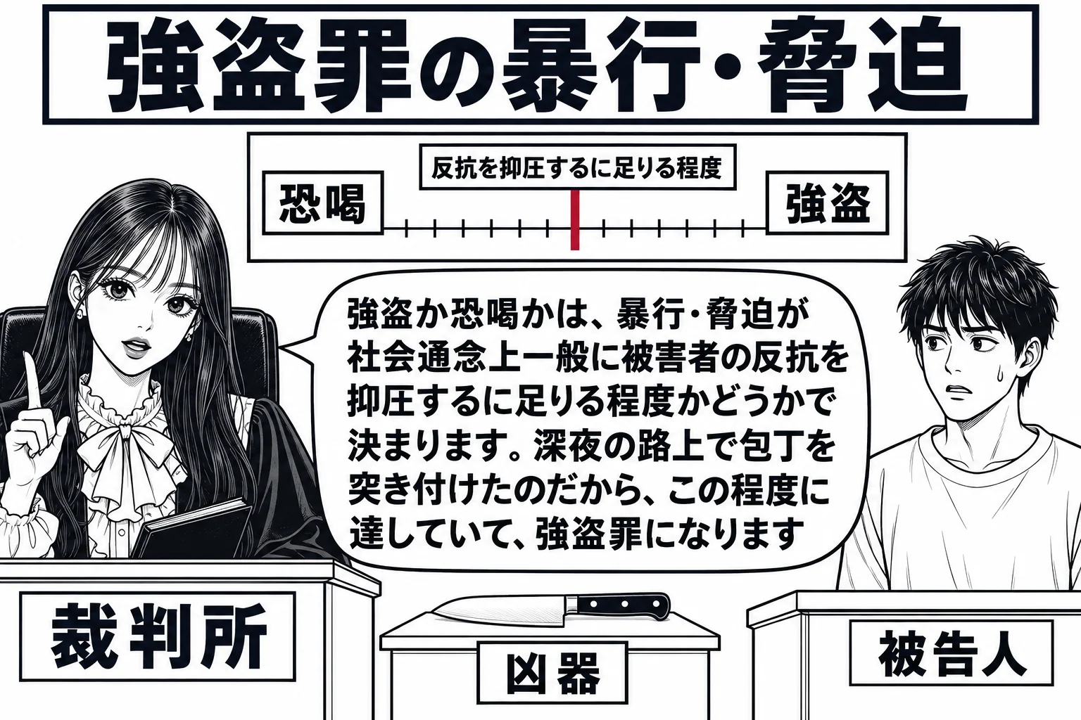 法廷の場面。先生が裁判官役（札「裁判所」）で法壇に座る。法壇の前の証拠台に包丁が一本置かれ、札「凶器」。壁の掲示に物差しの絵が横向きに描かれ、目盛りの途中に太い線と札「反抗を抑圧するに足りる程度」、線より左に札「恐喝」、線より右に札「強盗」