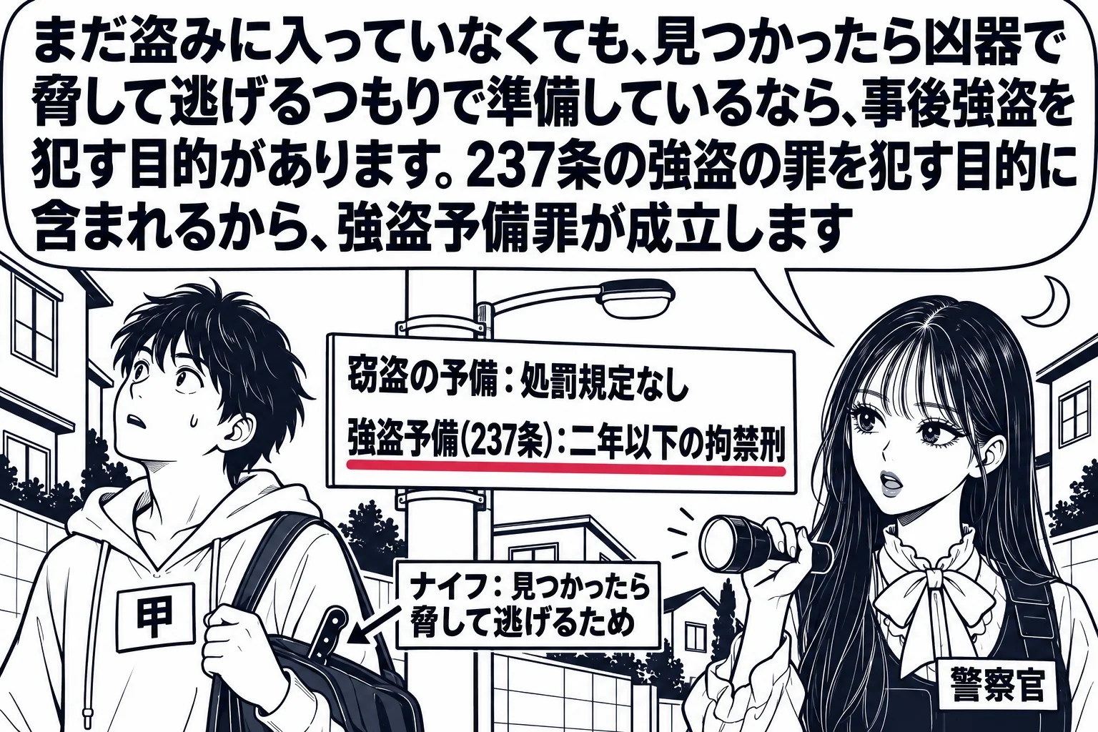 夜の住宅街の路上の場面。かばんを肩に掛けた男性（札「甲」）が家々の窓を見上げながら歩いている。かばんの口から柄だけが見え、札「ナイフ：見つかったら脅して逃げるため」。先生が警察官役（札「警察官」）で懐中電灯を持って甲に声を掛けている。街灯の
