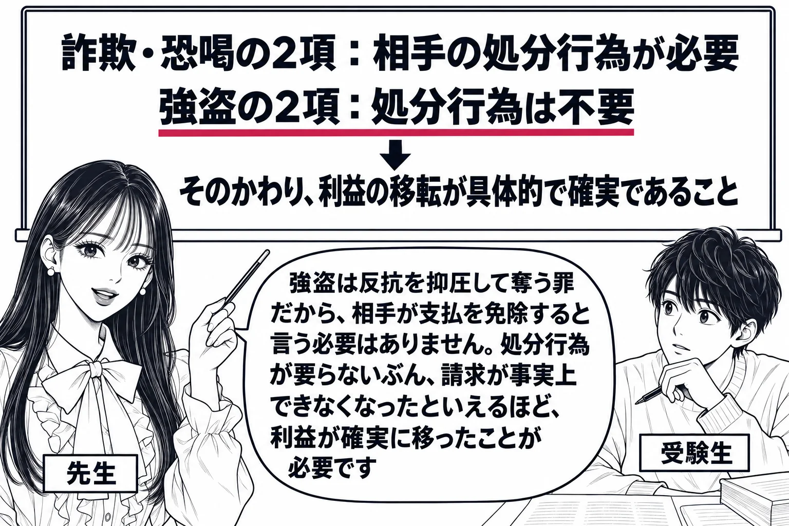 教室の場面。先生が教師役（札「先生」）で黒板の前に立つ。黒板に二行の対比が書かれ、一行目「詐欺・恐喝の2項：相手の処分行為が必要」、二行目「強盗の2項：処分行為は不要」。二行目の下に矢印と書き込み「そのかわり、利益の移転が具体的で確実である