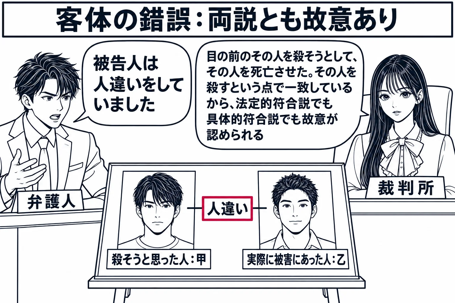 法廷の場面。先生が裁判官役（札「裁判所」）で法壇に座り、弁護人席に男性（札「弁護人」）が立つ。法壇の前の書画台に写真が2枚並び、札「殺そうと思った人：甲」「実際に被害にあった人：乙」。弁護人の吹き出し「被告人は人違いをしていました」。先生の