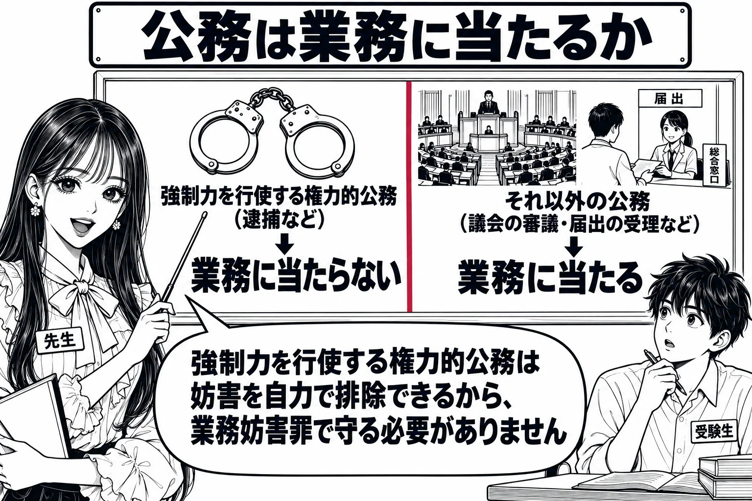 教室の場面。先生が教師役（札「先生」）で黒板の前に立ち、板書を指している。黒板は左右二つの欄に分かれ、左の欄に手錠の絵と「強制力を行使する権力的公務（逮捕など）」、その下に「業務に当たらない」、右の欄に議場の絵と窓口の絵と「それ以外の公務（