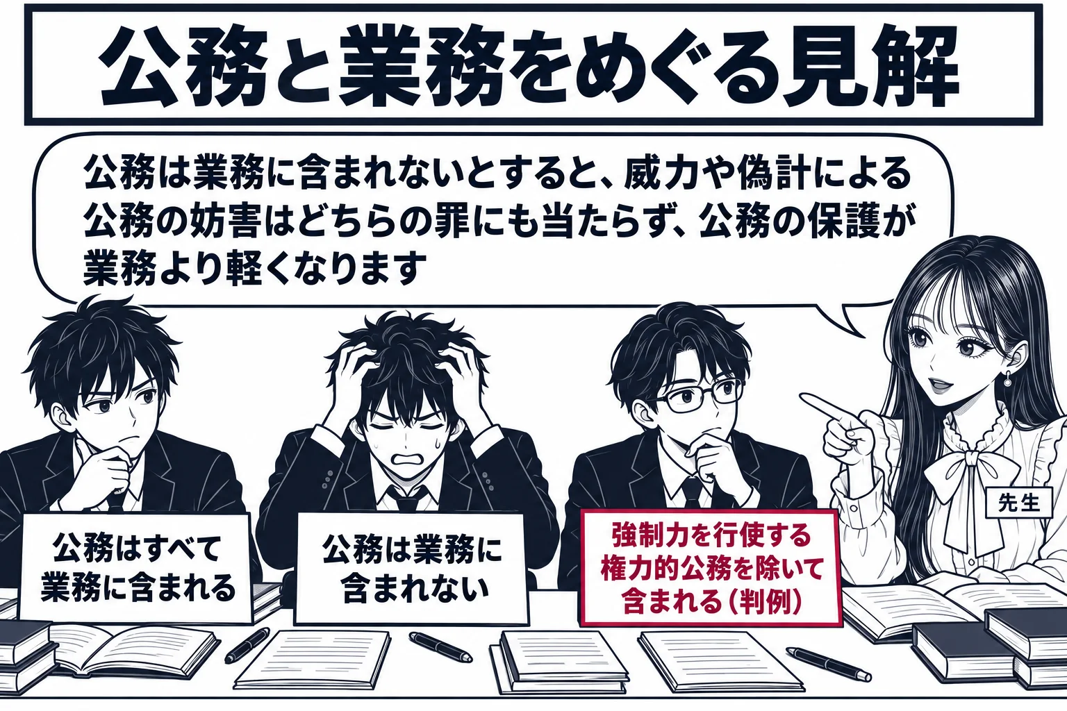 ゼミ室の場面。長机に男子学生三人が並んで座り、それぞれの前に札が立っている。左の学生の札は「公務はすべて業務に含まれる」、中央の学生の札は「公務は業務に含まれない」、右の学生の札は「強制力を行使する権力的公務を除いて含まれる（判例）」。中央