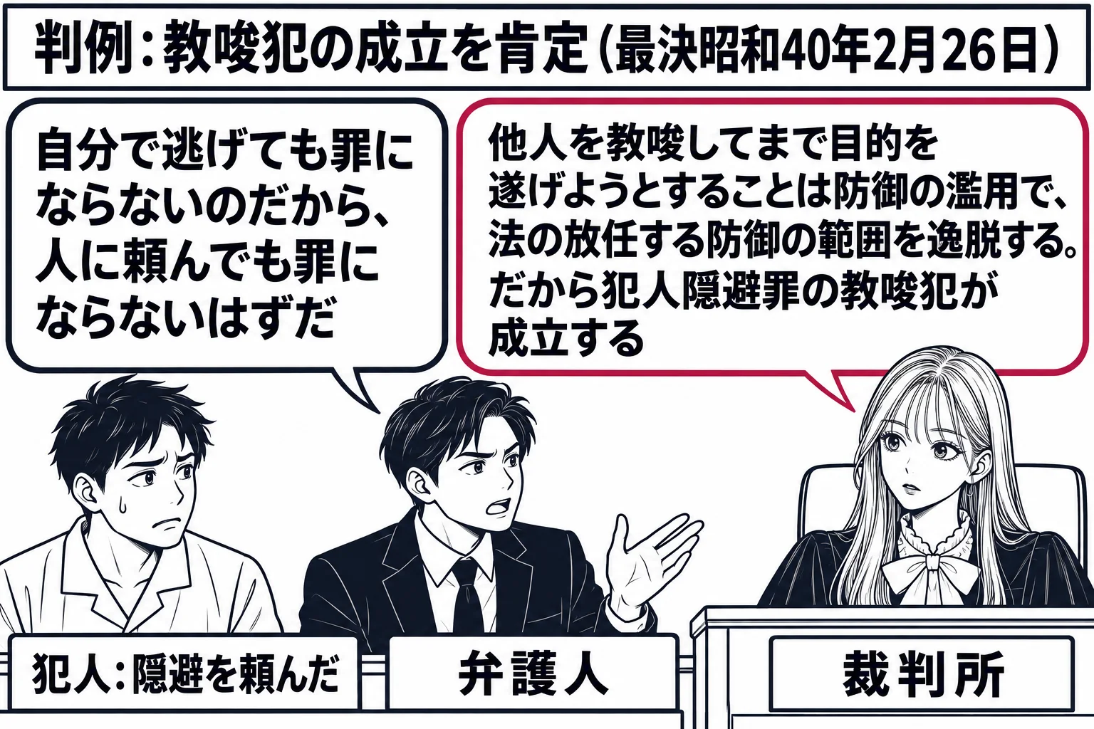 法廷の場面。先生が裁判官役（札「裁判所」）で法壇に座っている。証言台の前に被告人の男性（札「犯人：隠避を頼んだ」）が立ち、その横に弁護人の男性（札「弁護人」）が立って発言している。弁護人の吹き出し「自分で逃げても罪にならないのだから、人に頼