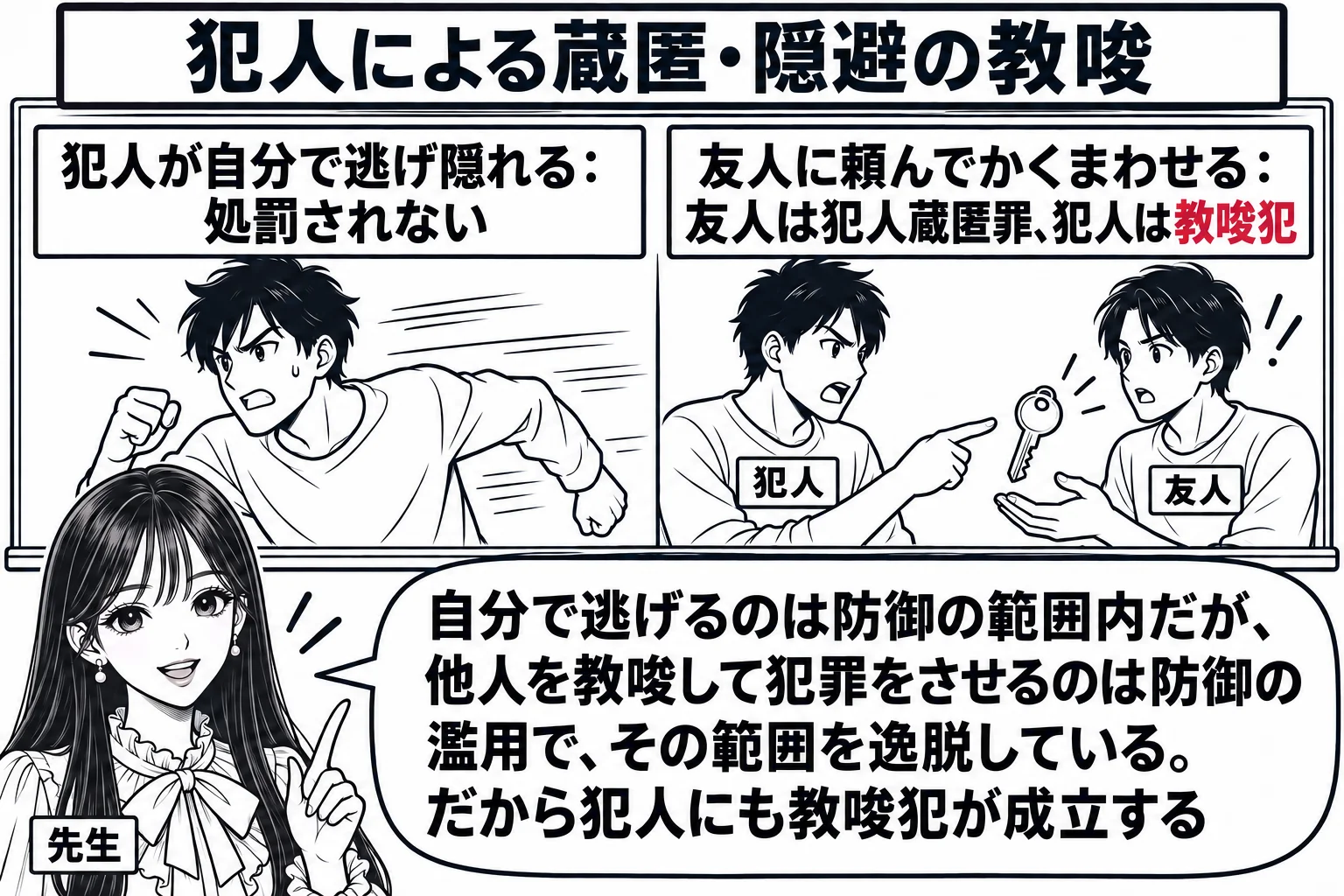 教室の場面。先生が教師役（札「先生」）で黒板の前に立ち、黒板は左右に分かれている。左の枠には一人で走って逃げる男性の図と札「犯人が自分で逃げ隠れる：処罰されない」。右の枠には、男性（札「犯人」）が別の男性（札「友人」）に家の鍵を指さして頼ん
