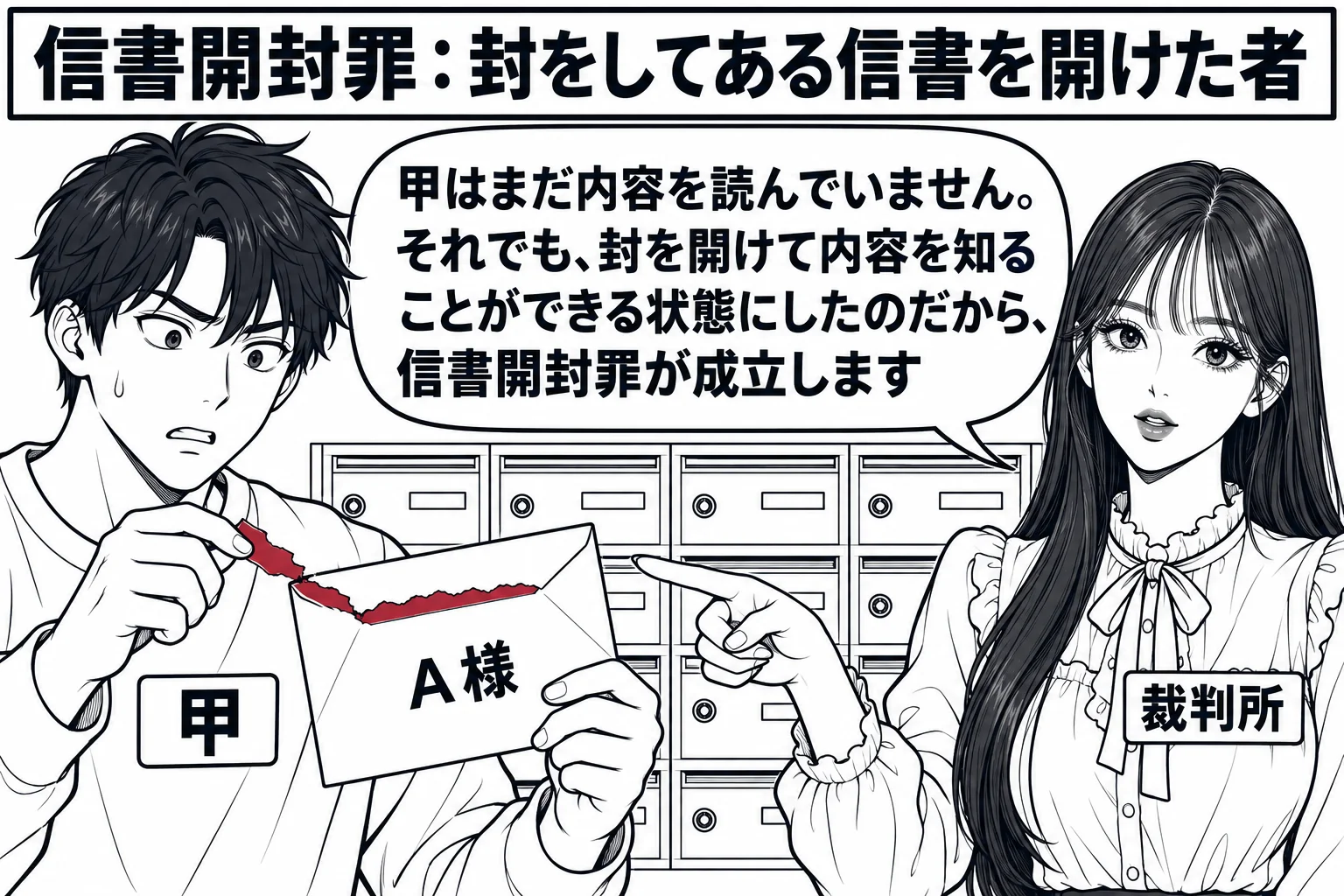 集合住宅の郵便受けの前の場面。男性（札「甲」）が他人の郵便受けから取り出した封筒の封を破り、まだ中の便せんを取り出していない。封筒には「A様」と宛名が書かれている。先生が裁判官役（札「裁判所」）で横に立ち、破られた封を指している。先生の吹き
