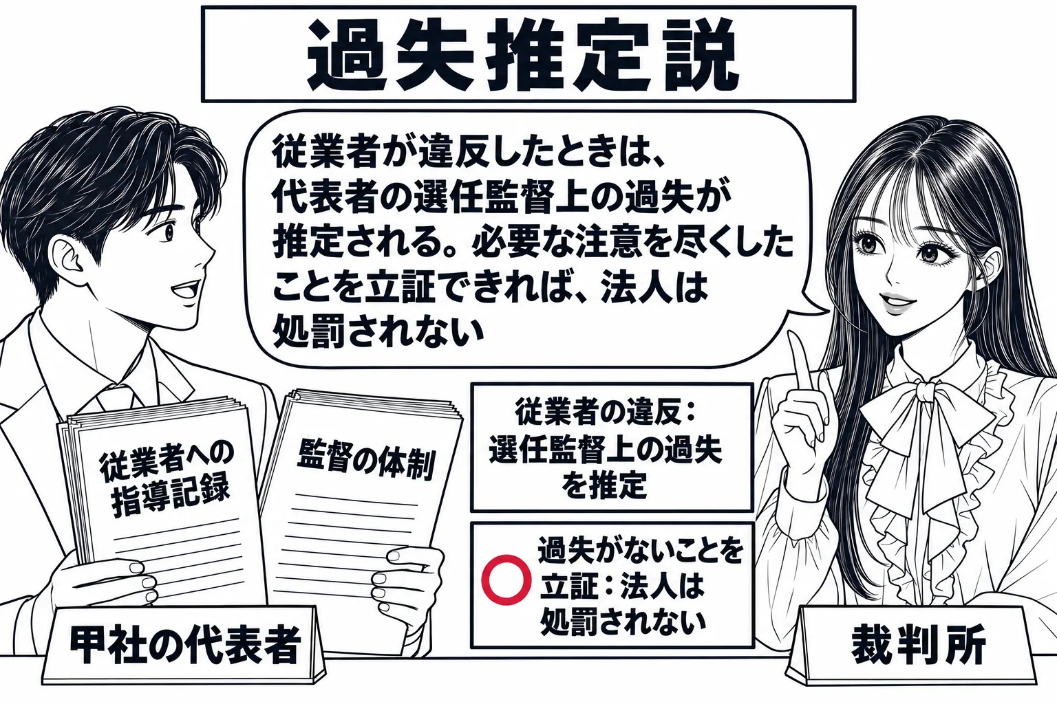 会社の応接室の場面。先生が裁判官役（札「裁判所」）で机の向こうに立ち、正面にスーツの男性（札「甲社の代表者」）が書類の束「従業者への指導記録」「監督の体制」を差し出している。壁に二つの札が上下に並ぶ。上「従業者の違反：選任監督上の過失を推定