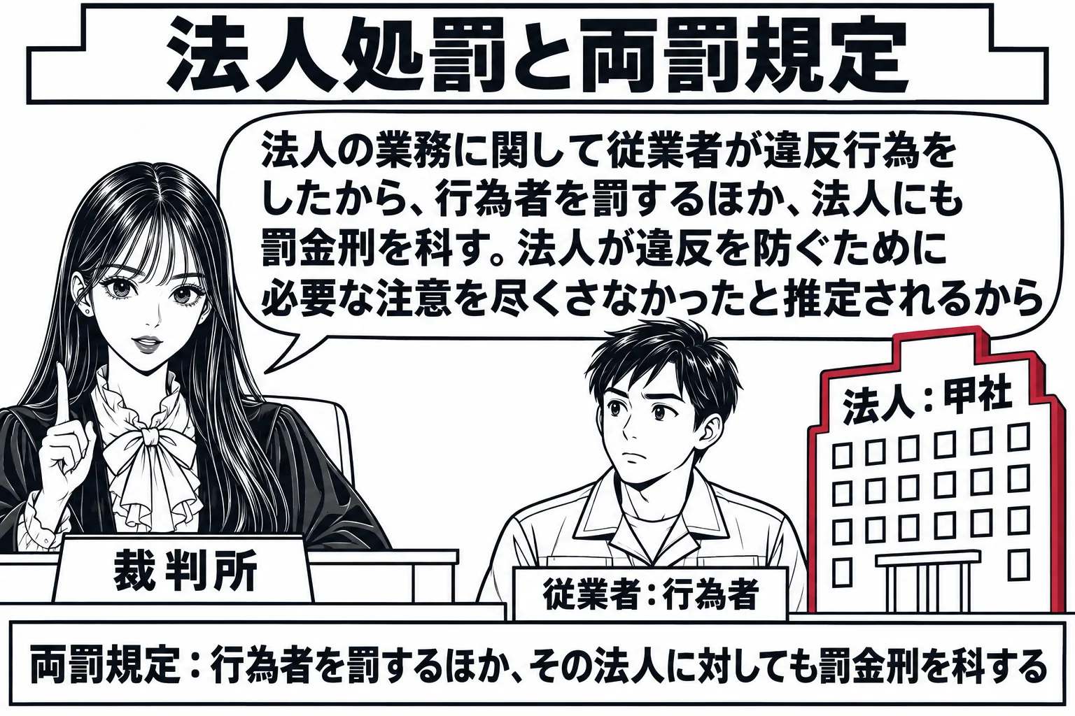 法廷の場面。先生が裁判官役（札「裁判所」）で法壇に座る。被告人席に、作業服の男性（札「従業者：行為者」）と、会社のビルの形をした立て札（札「法人：甲社」）が並んでいる。先生の手元に条文の板「両罰規定：行為者を罰するほか、その法人に対しても罰