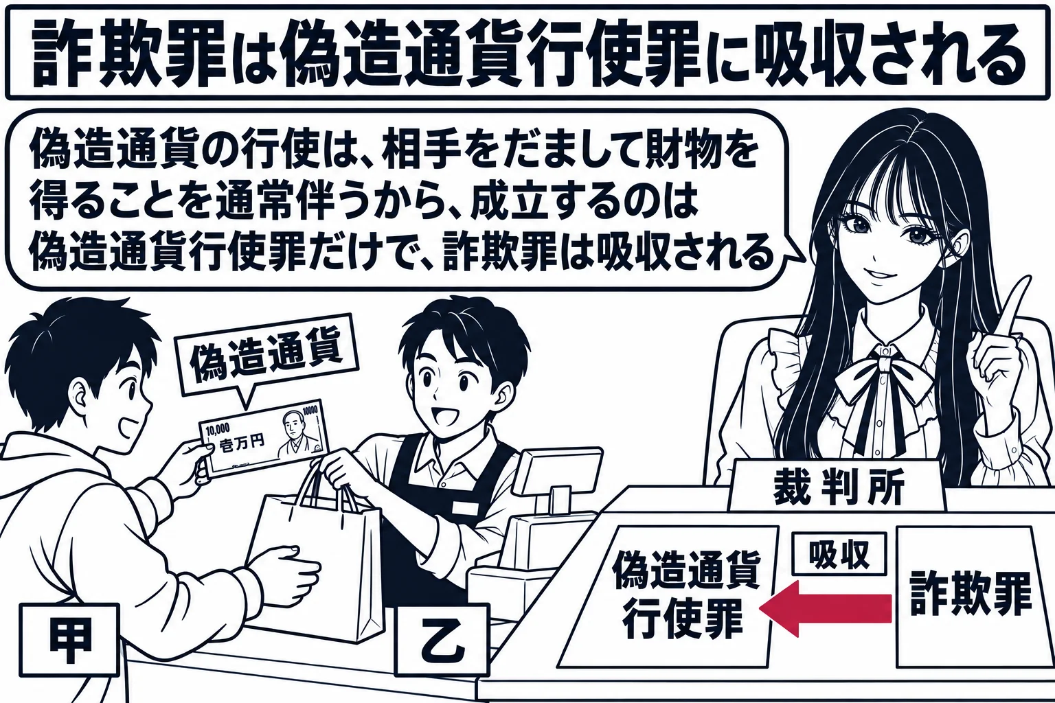 商店のレジの場面。先生が裁判官役（札「裁判所」）で画面右の机に座り、左ではレジ越しに客の男性（札「甲」）が店員の男性（札「乙」）に一万円札を差し出して商品の紙袋を受け取っている。一万円札には札「偽造通貨」。裁判官の机の上に2枚の紙「偽造通貨