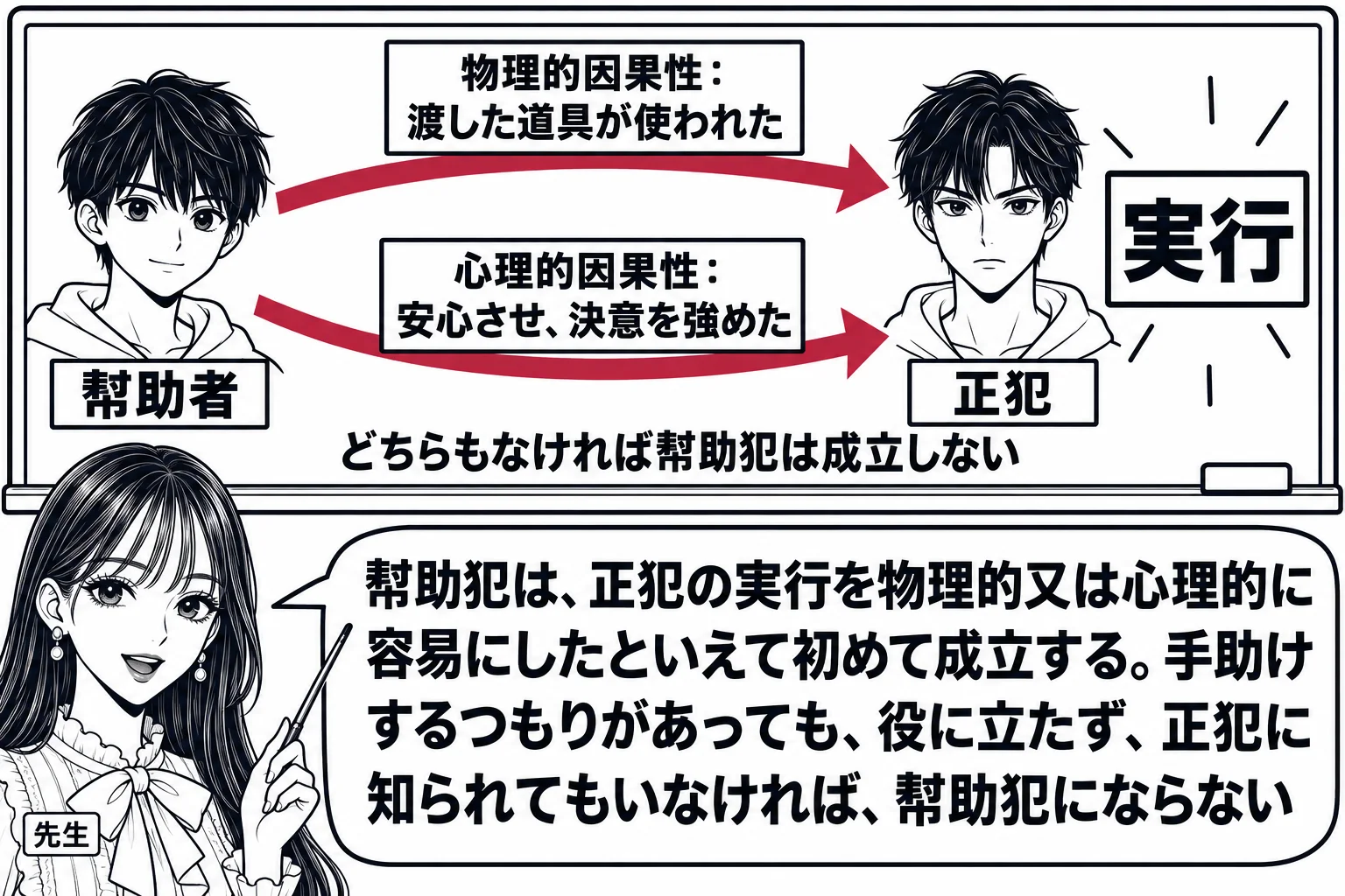 教室の場面。先生が教師役で黒板の前に立つ。黒板の左に人型「幇助者」、右に人型「正犯」、さらに右に「実行」。幇助者から正犯の実行へ二本の矢印が伸びる。上の矢印の札「物理的因果性：渡した道具が使われた」、下の矢印の札「心理的因果性：安心させ、決