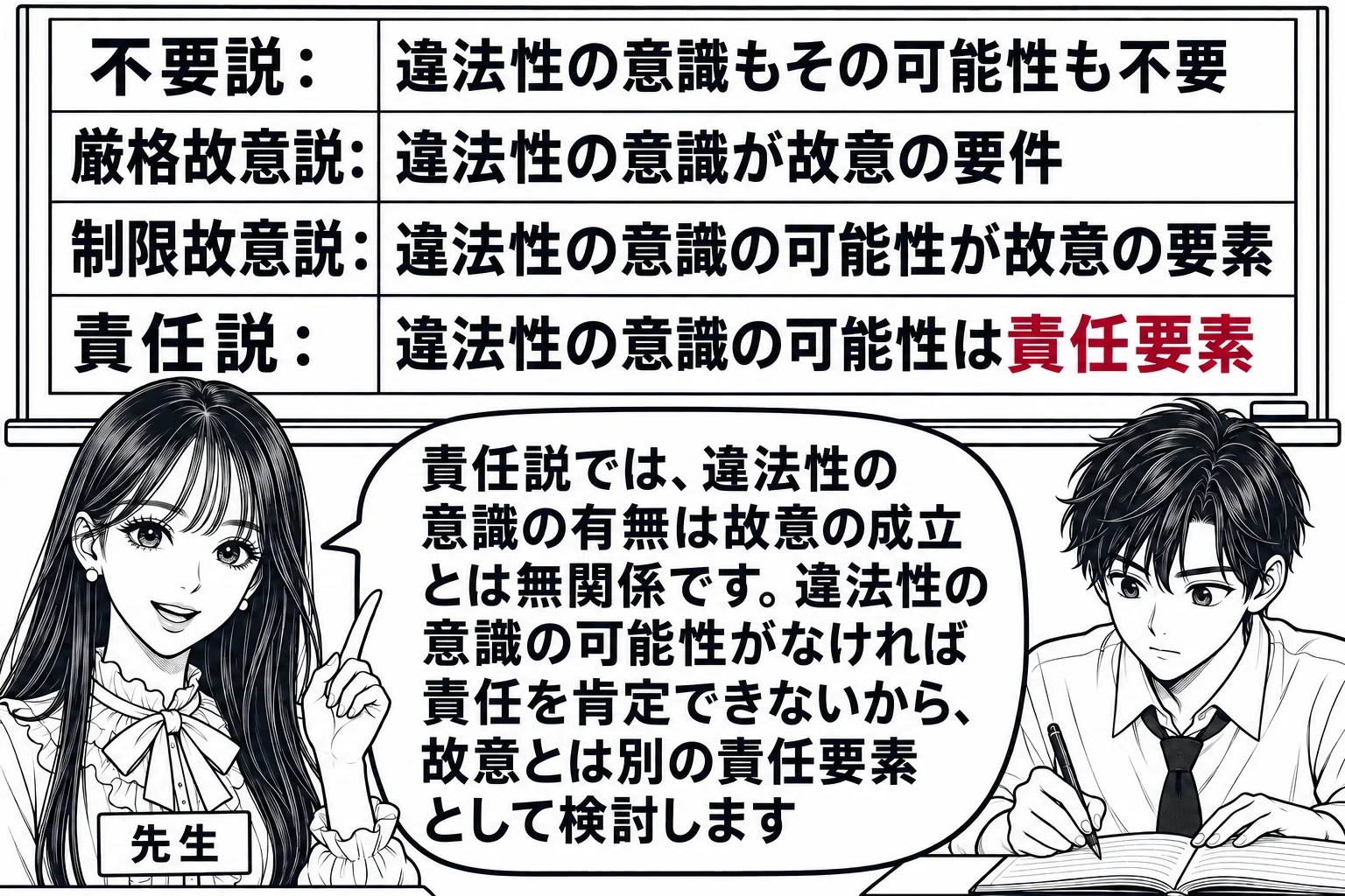 教室の場面。先生が教師役（札「先生」）で黒板の前に立つ。黒板には上から四段の表が書かれ、一段目「不要説：違法性の意識もその可能性も不要」、二段目「厳格故意説：違法性の意識が故意の要件」、三段目「制限故意説：違法性の意識の可能性が故意の要素」
