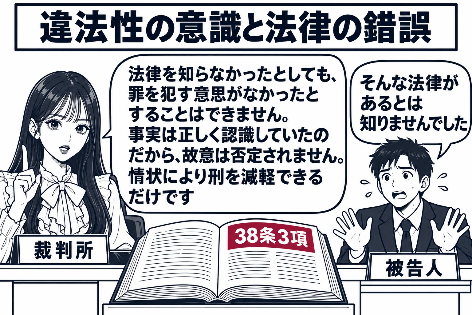 法廷の場面。先生が裁判官役（札「裁判所」）で法壇に座り、被告人席の男性（札「被告人」）が両手を広げている。被告人の吹き出し「そんな法律があるとは知りませんでした」。法壇の前に六法が開かれ、ページに「38条3項」の札。先生の吹き出し「法律を知