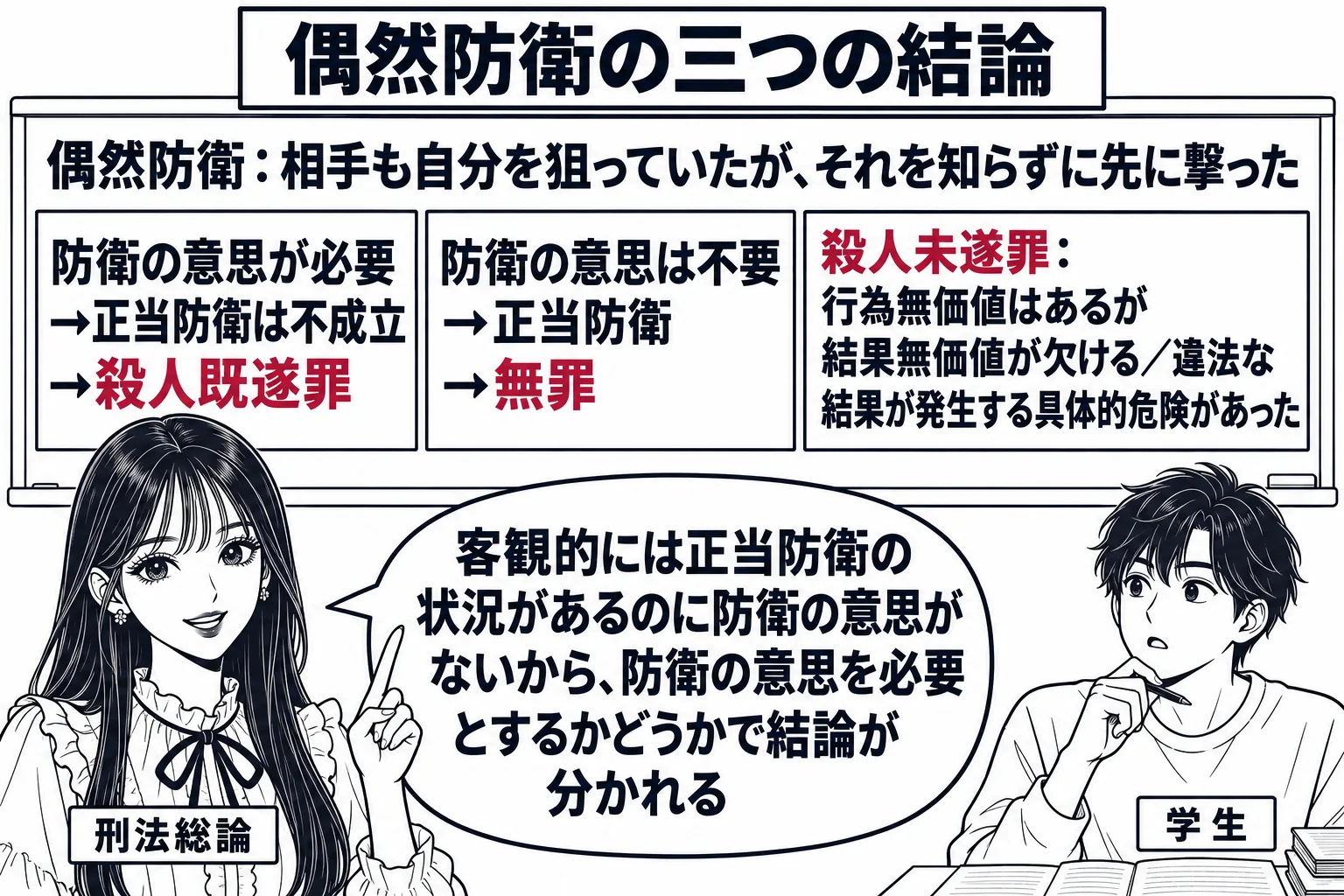 大学の教室の場面。先生が教師役（札「刑法総論」）で黒板を指している。黒板には上に「偶然防衛：相手も自分を狙っていたが、それを知らずに先に撃った」と書かれ、その下に三つの枠が横に並ぶ。左の枠「防衛の意思が必要→正当防衛は不成立→殺人既遂罪」、